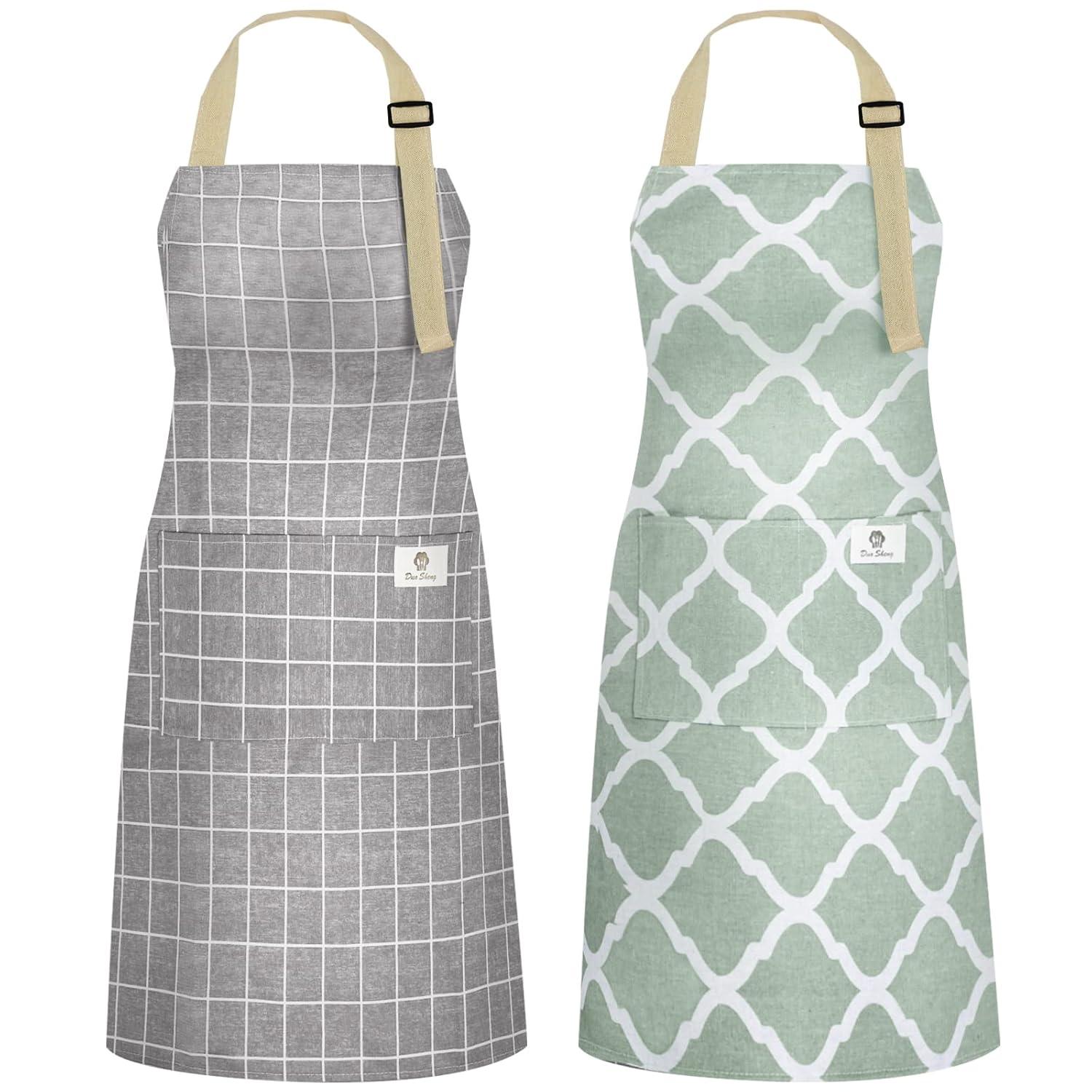 2 Pieces Aprons for Women with Pockets, Cotton Linen Waterproof Kitchen Cooking Aprons, Chef Apronfor Men Women with Adjustable Neck Strap and Long Ties(Grey/Green)