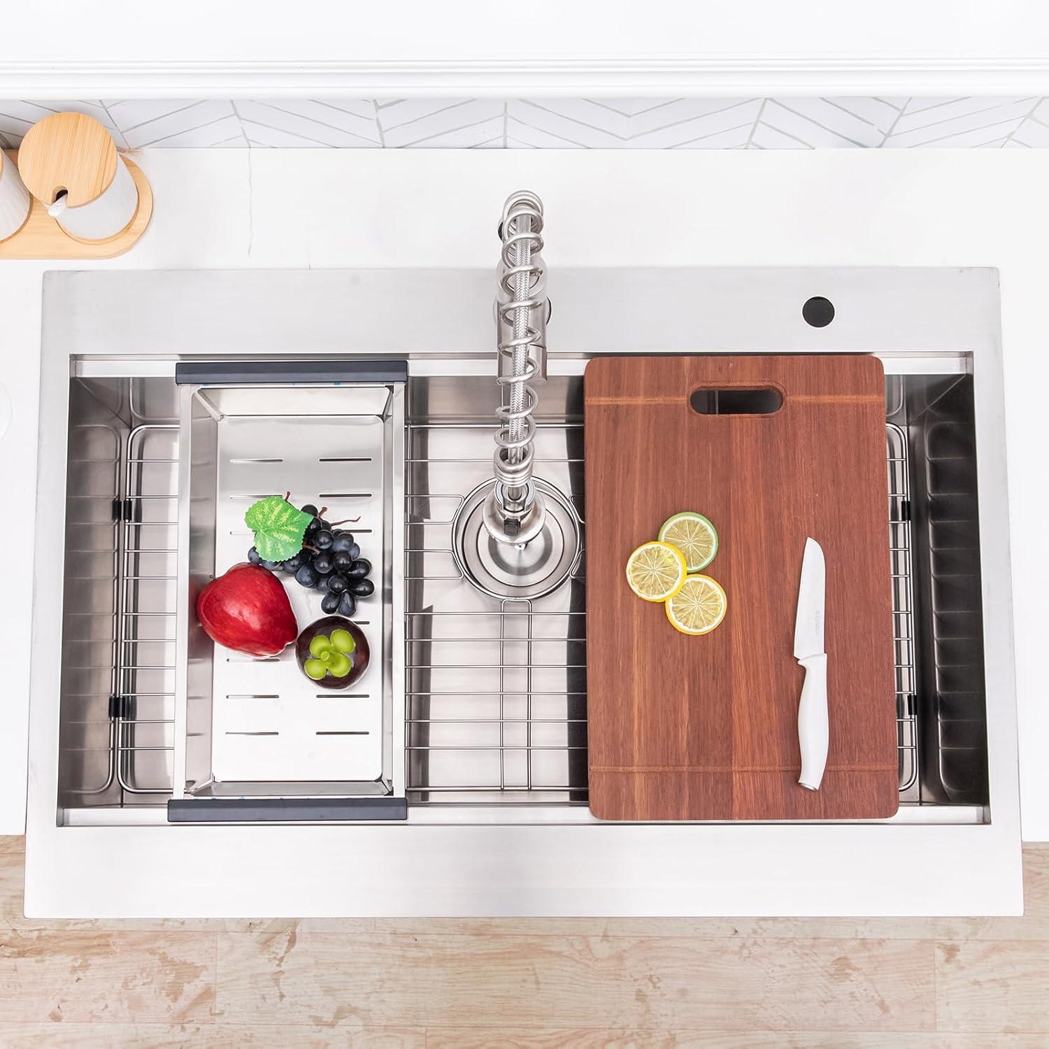 33-Inch Brushed Stainless Steel Farmhouse Drop-In Sink with Accessories