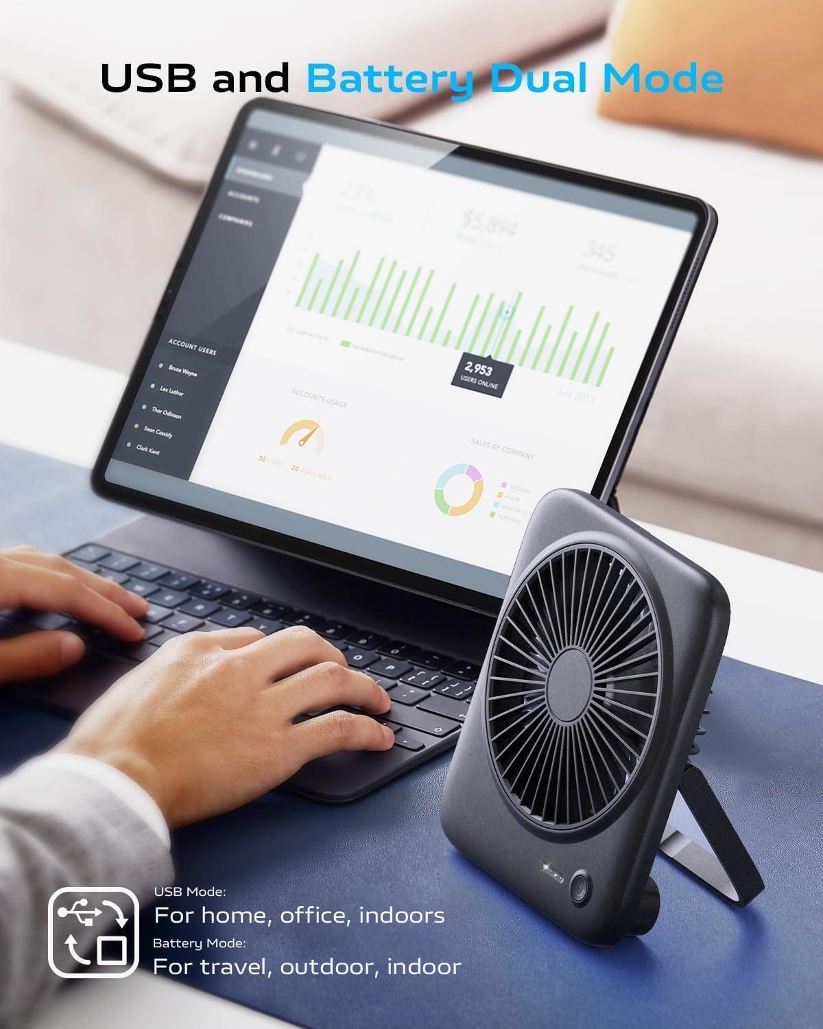 Black Slim Foldable Battery-Powered Desk Fan with USB Charging