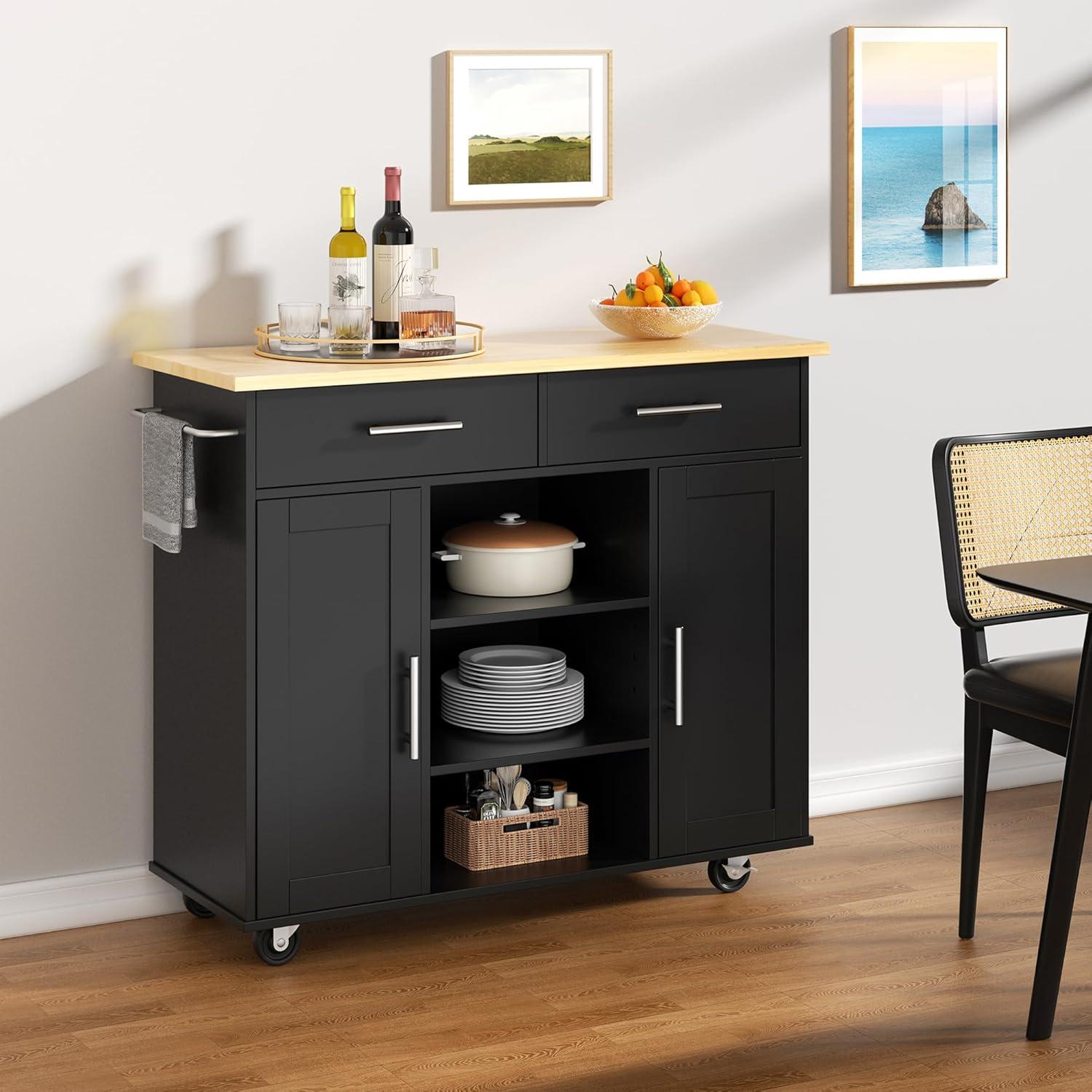 Black Wood Kitchen Island Cart with Drawers and Shelves