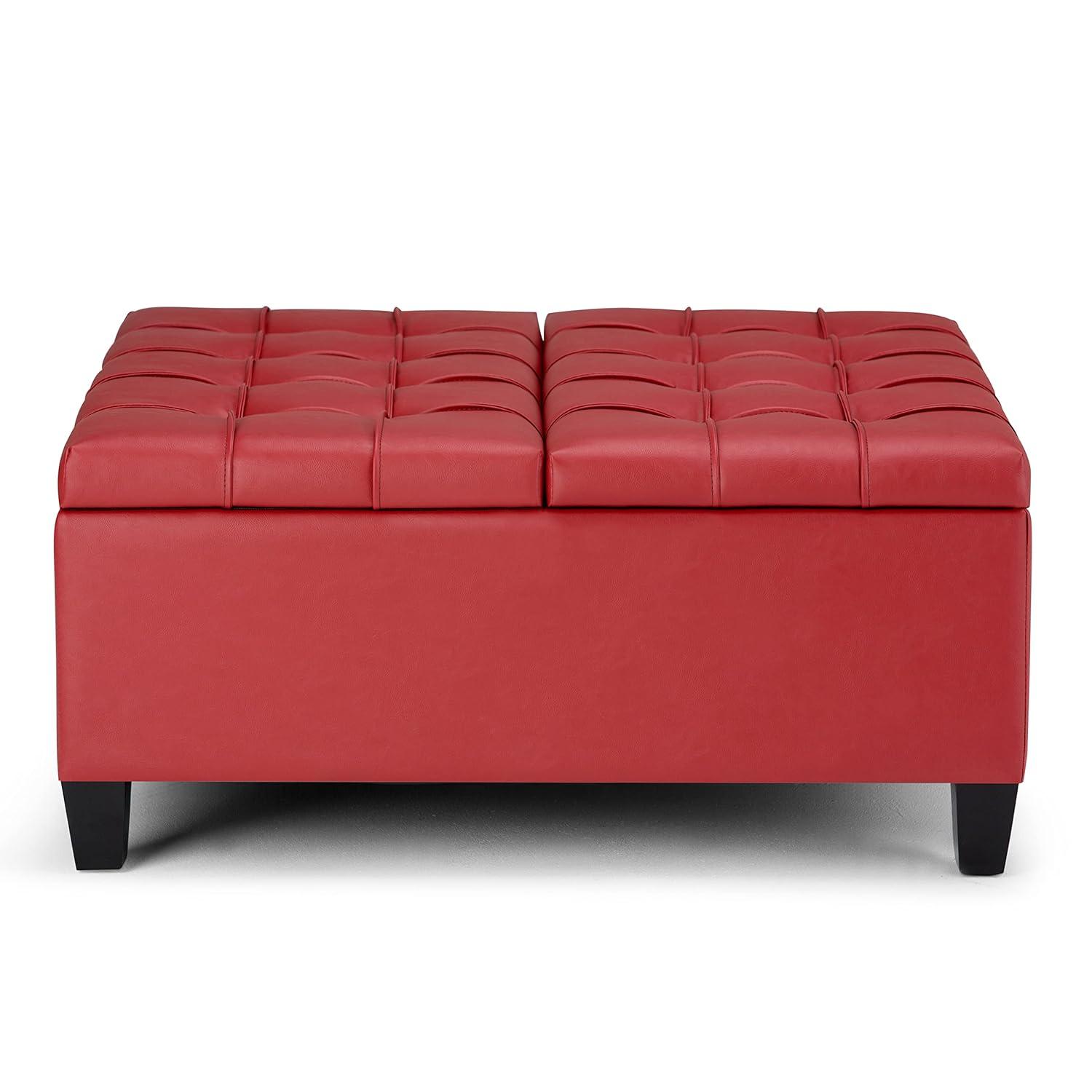 Simpli Home Harrison 36"W Upholstered Square Coffee Table Storage Ottoman with Split Lift Top