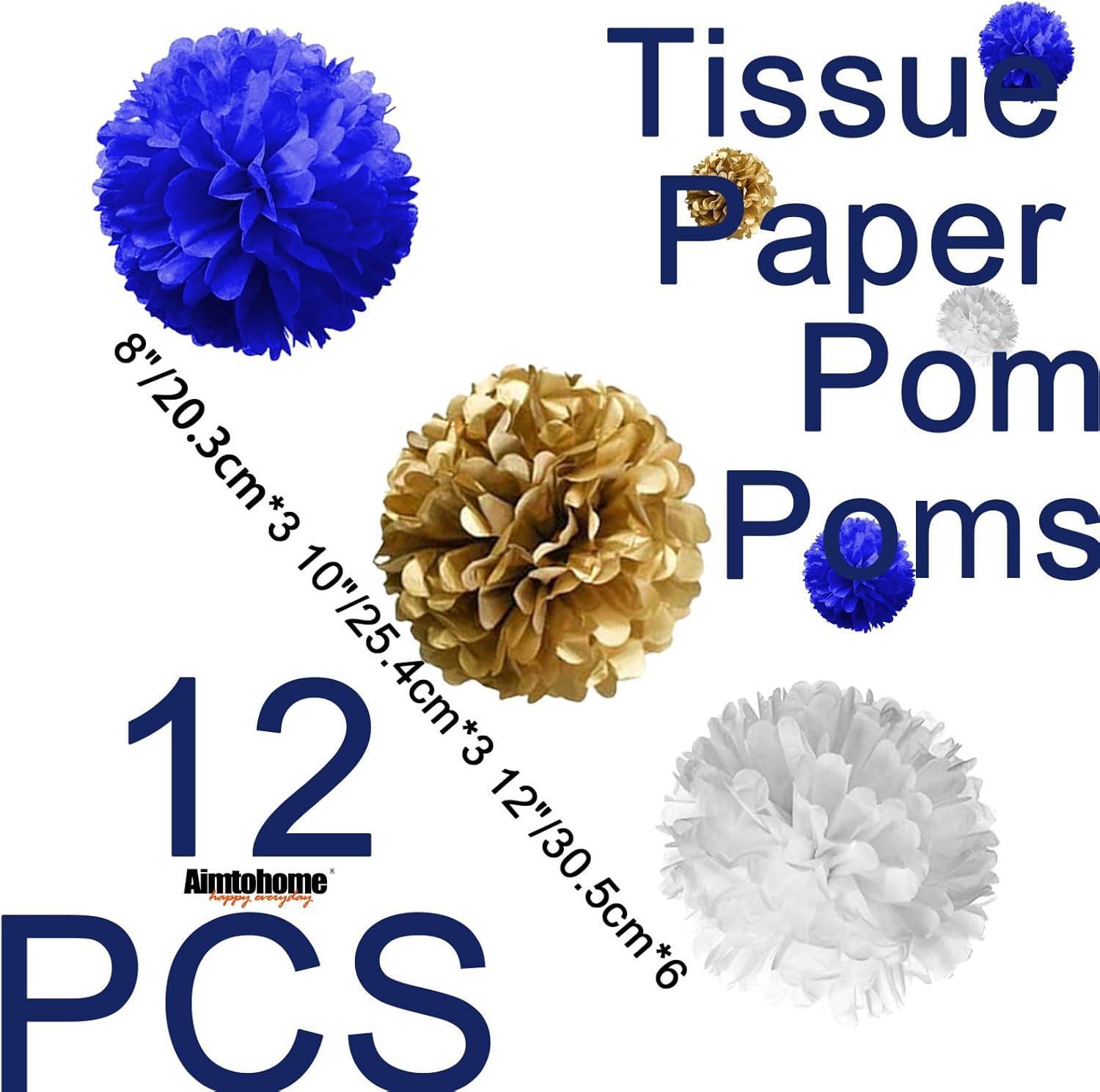 AIM & GGKK Paper Pom Poms Gold Gradient Navy Blue and White Tissue Hanging Paper Pom Poms,Flower Ball Wedding Birthday Party Decoration(12pcs)