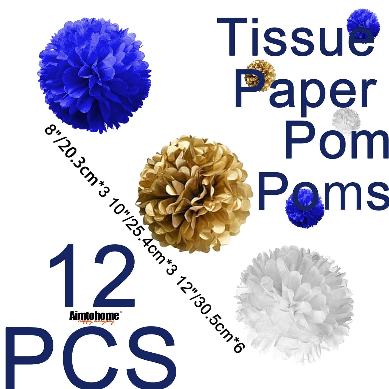 AIM & GGKK Paper Pom Poms Gold Gradient Navy Blue and White Tissue Hanging Paper Pom Poms,Flower Ball Wedding Birthday Party Decoration(12pcs)
