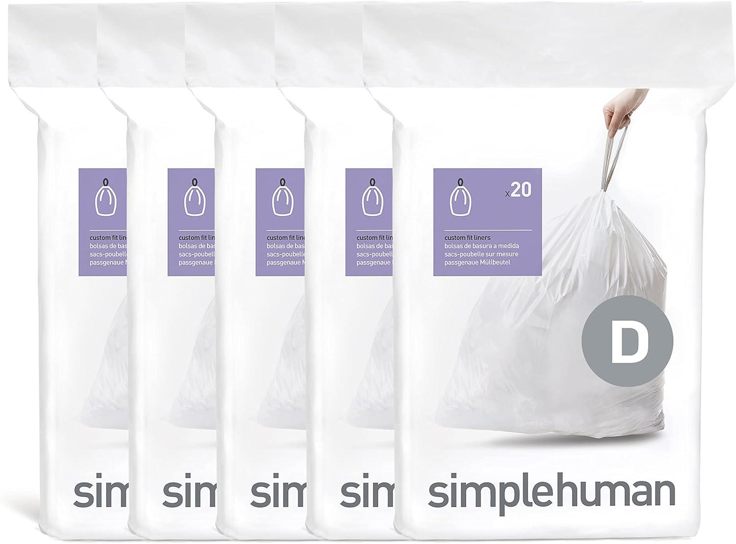simplehuman 20L Code D Custom Fit Kitchen Trash Bag Liners 5 Quick-Dispense Packs - 100ct: Unscented, Drawstring, White