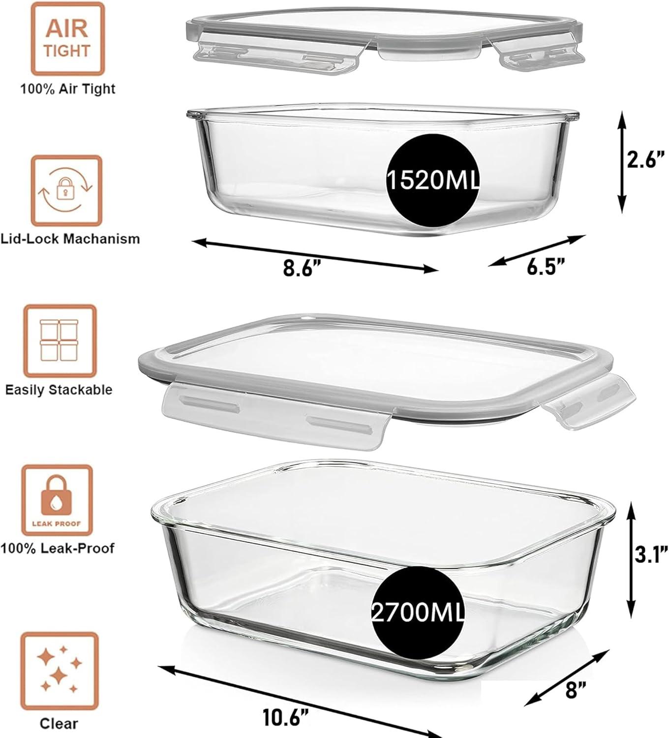 Large Rectangular Glass Food Storage Containers with Lids, 1520ml