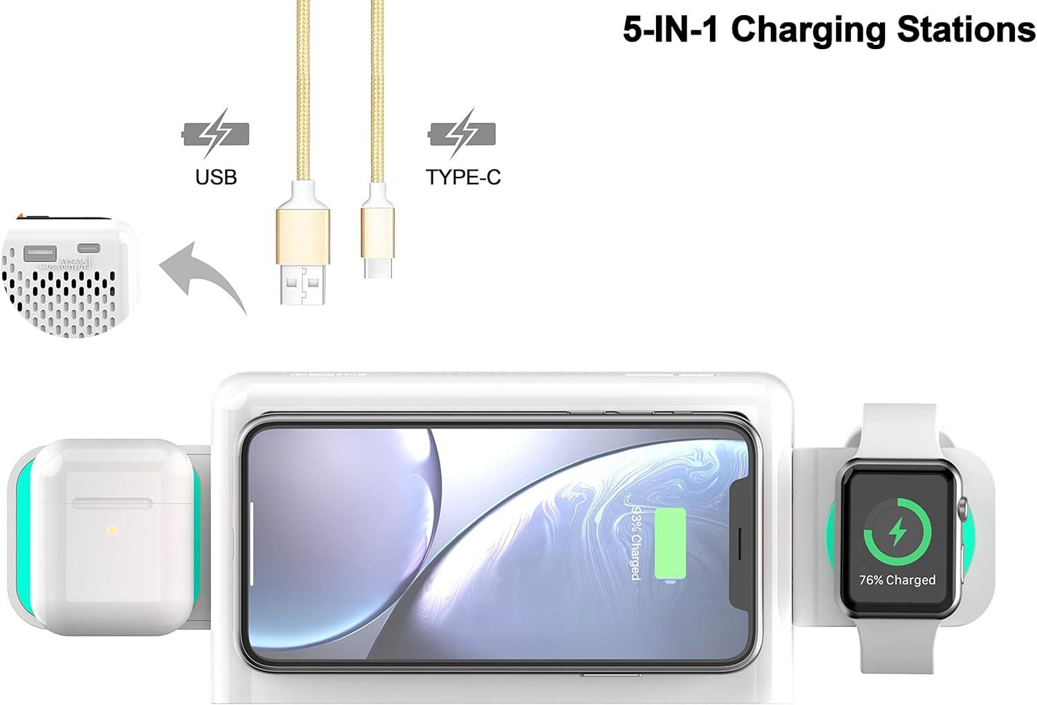 White Digital Alarm Clock with Wireless Charging and Bluetooth Speaker