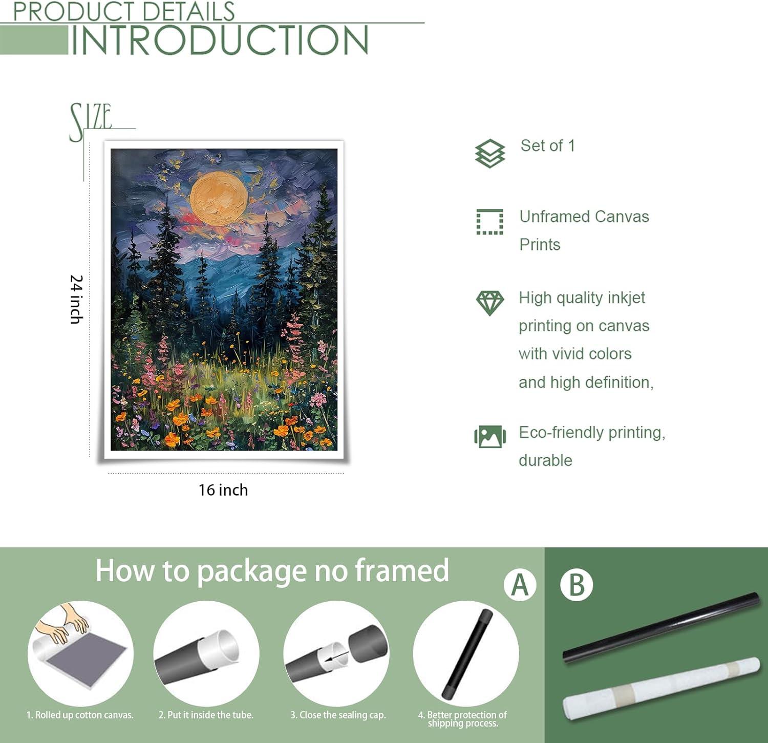 SFAOHPR Mystical Moon and Wildflowers Canvas Wall art Nature Flowers Oil Painting posters for room aesthetic Room Aesthetics Posters for Bedroom living room Home Decor ﻿12x16inch Unframed