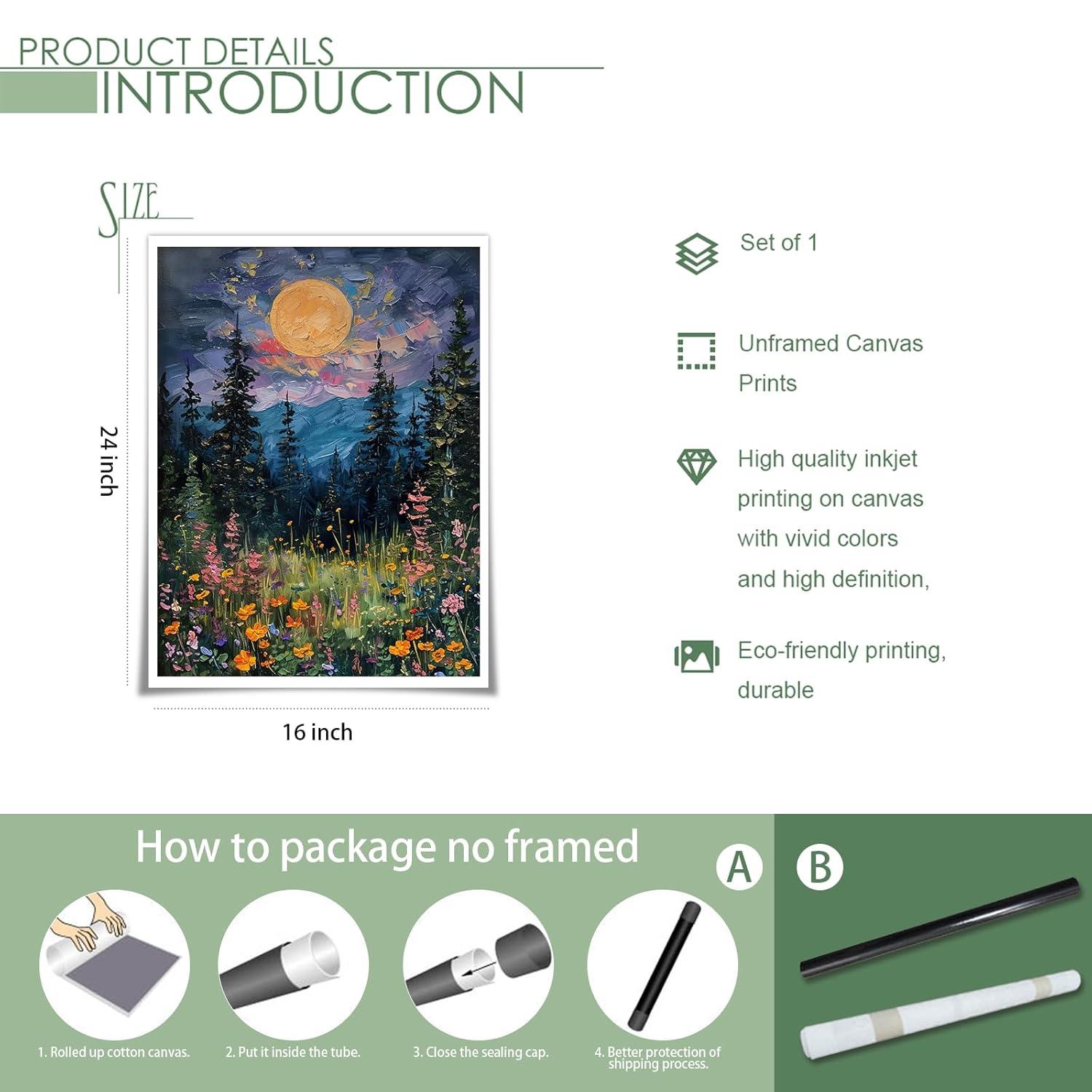 SFAOHPR Mystical Moon and Wildflowers Canvas Wall art Nature Flowers Oil Painting posters for room aesthetic Room Aesthetics Posters for Bedroom living room Home Decor ﻿12x16inch Unframed