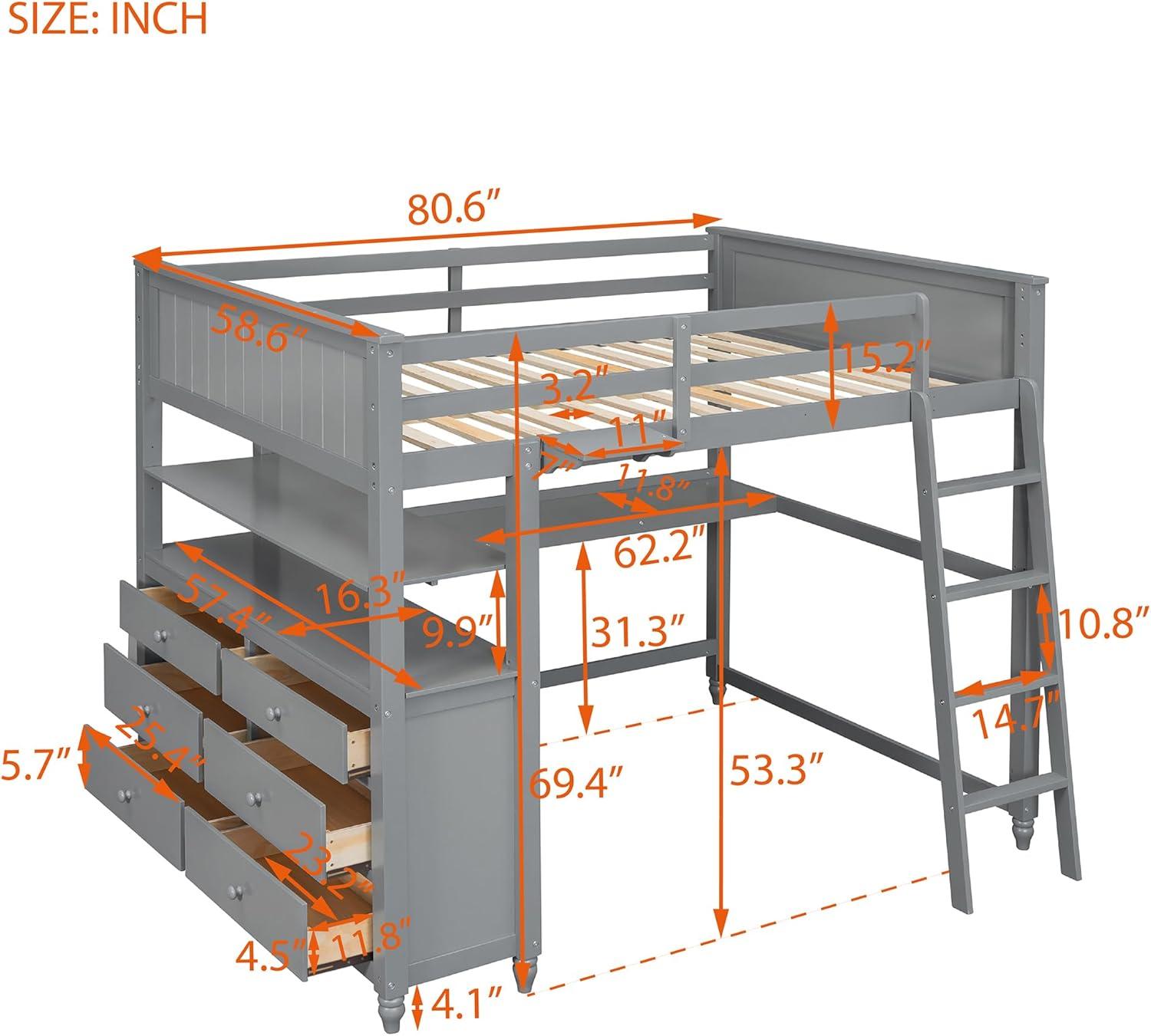 Full Size Loft Bed with Desk and Storage Drawers, Wood Loft Bed Frame with Shelves and Ladder for Kids Adults Boys Girls Teens, Gray