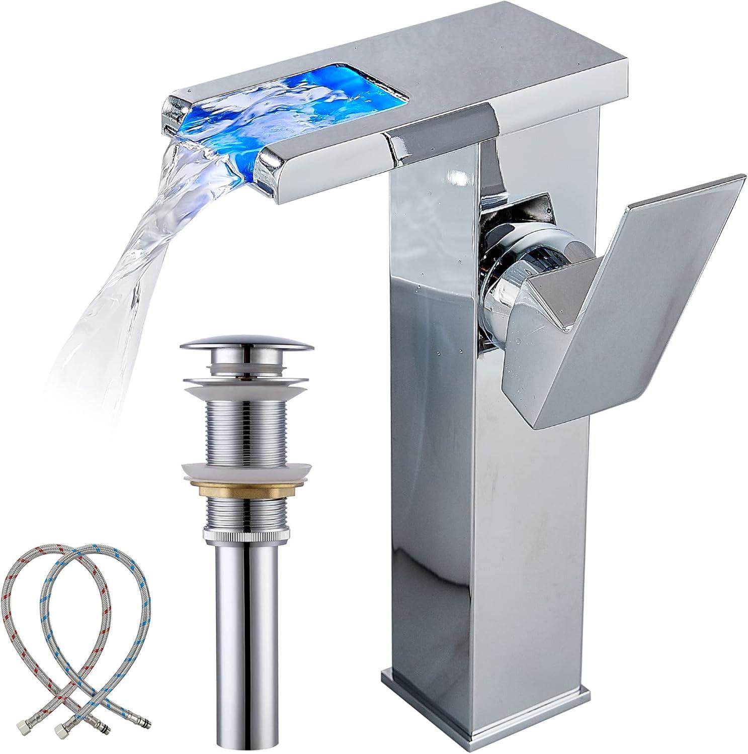 YCCUZA Y217H-C Single Hole Faucet Single-handle LED Bathroom Vessel Sink Faucet with Drain Assembly