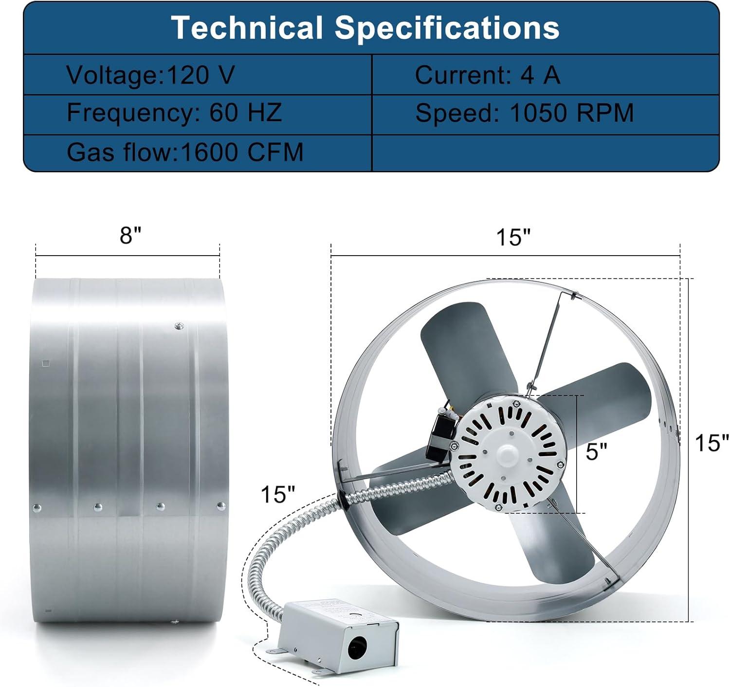 Criditpid 15" Gable Mount Vent Attic Fan, Exhaust Ventilation Fan with Adjustable Thermostat for Gable, Home, Shed, Garage, Portable Building, 3.4A, 1300CFM, 1075RPM, 1850 Sq.Ft Coverage Area.