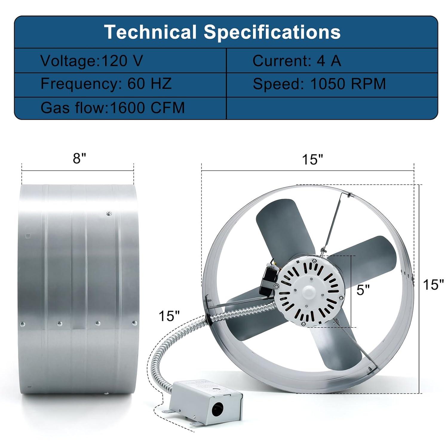 Criditpid 15" Gable Mount Vent Attic Fan, Exhaust Ventilation Fan with Adjustable Thermostat for Gable, Home, Shed, Garage, Portable Building, 3.4A, 1300CFM, 1075RPM, 1850 Sq.Ft Coverage Area.