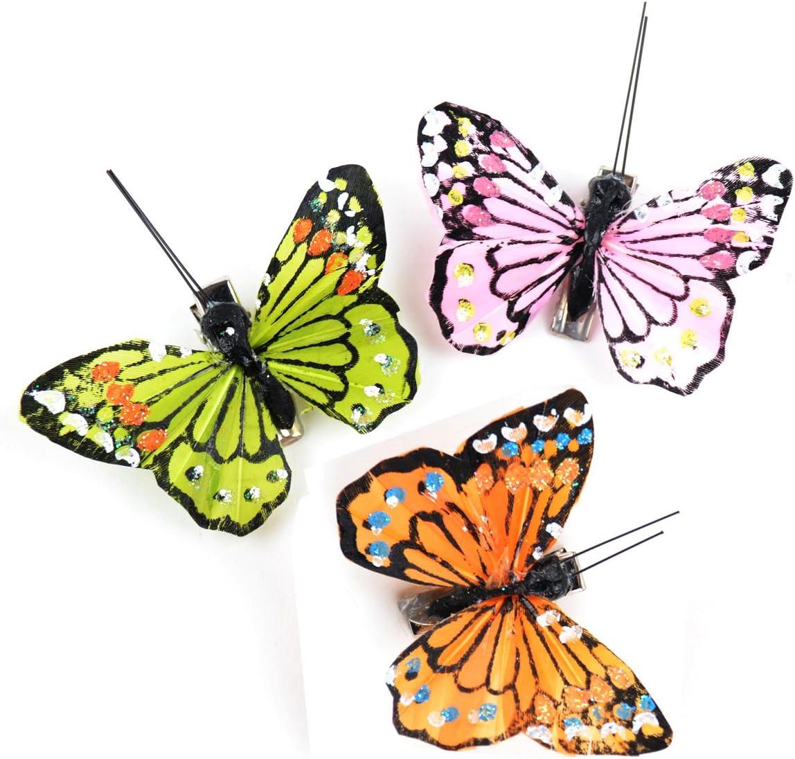 Set of 12 Multicolor Natural Feather Butterflies with Clips