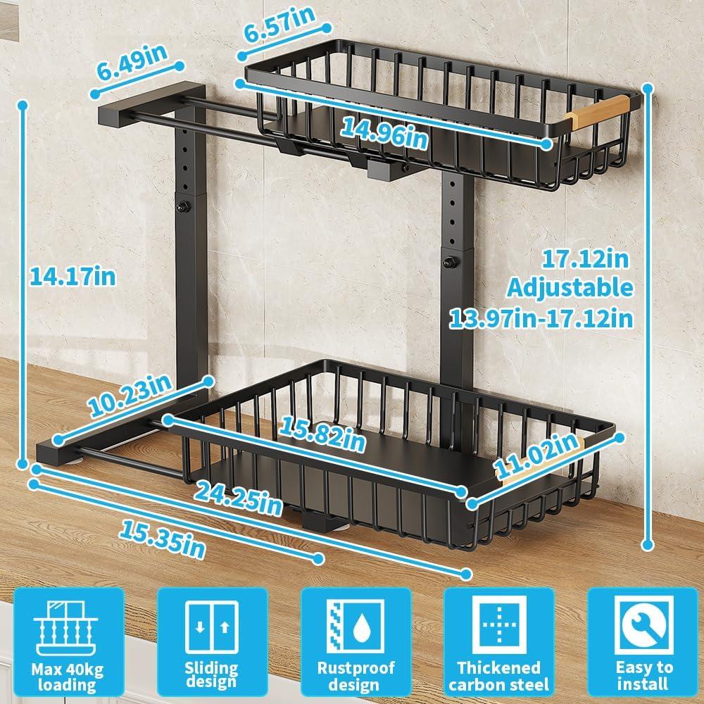 Under Sink Organizers and Storage, 2 Pack Pull Out Kitchen Bathroom Cabinet Organizer, 2 Tier Black Under Sink Storage for Bathroom Kitchen, Under Counter Storage Organizer with 8 Hooks