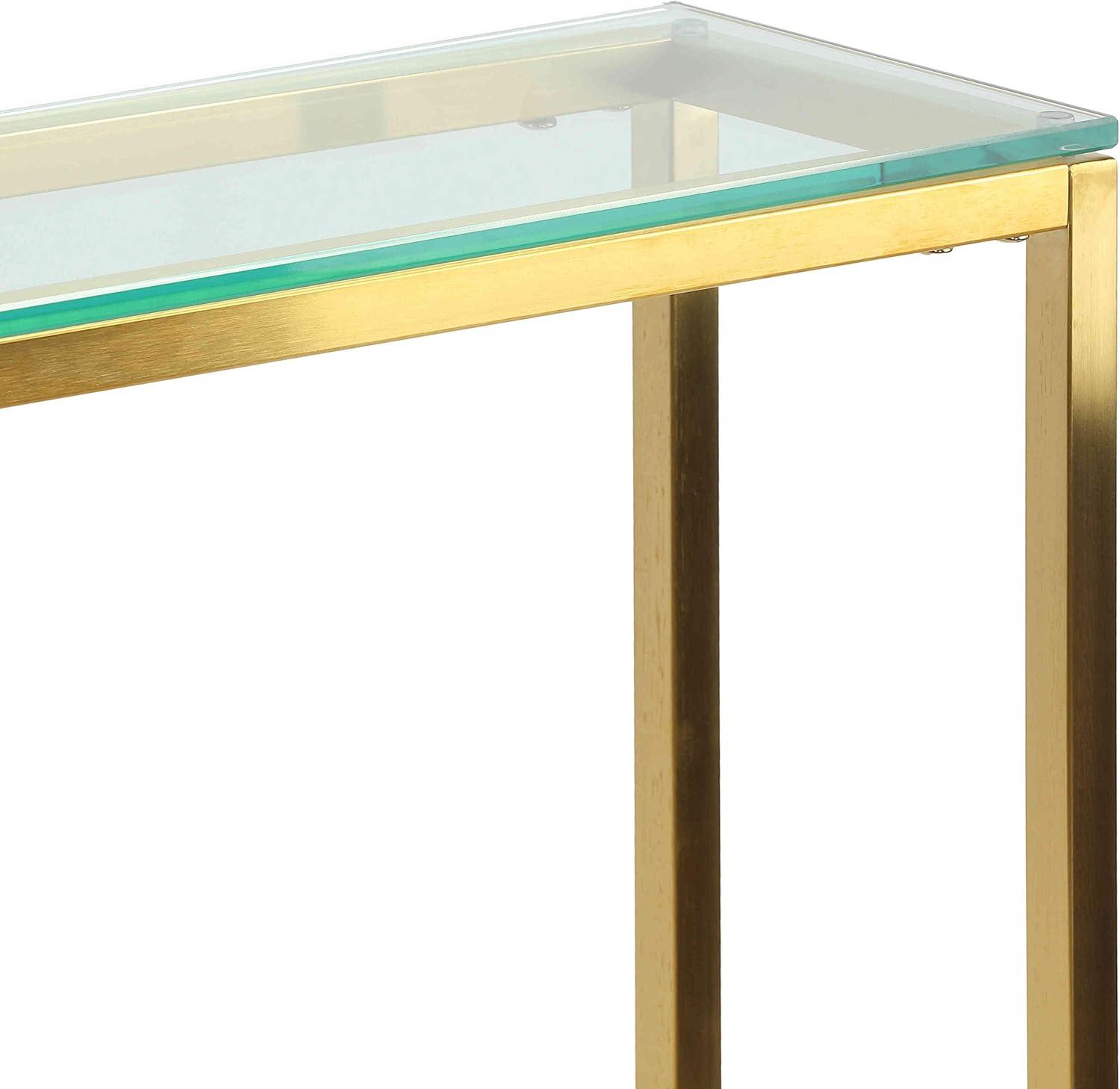 Cortesi Home  Juan Console Table, Brushed Gold Color with Clear 10mm Glass, Skinny 56" x 8"