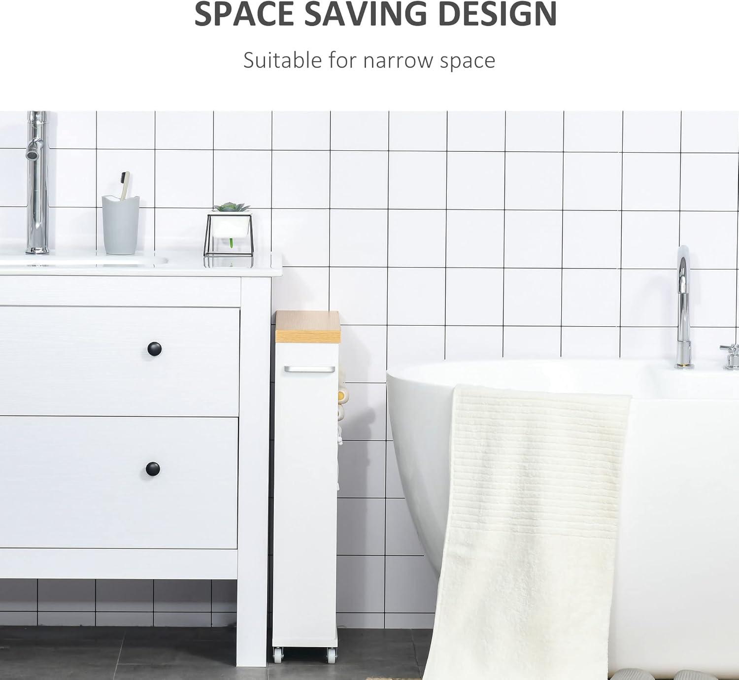 kleankin Slim Bathroom Cabinet with Castor Wheels Storage Organizer and Wood Shelves To Fit In Small Spaces, White