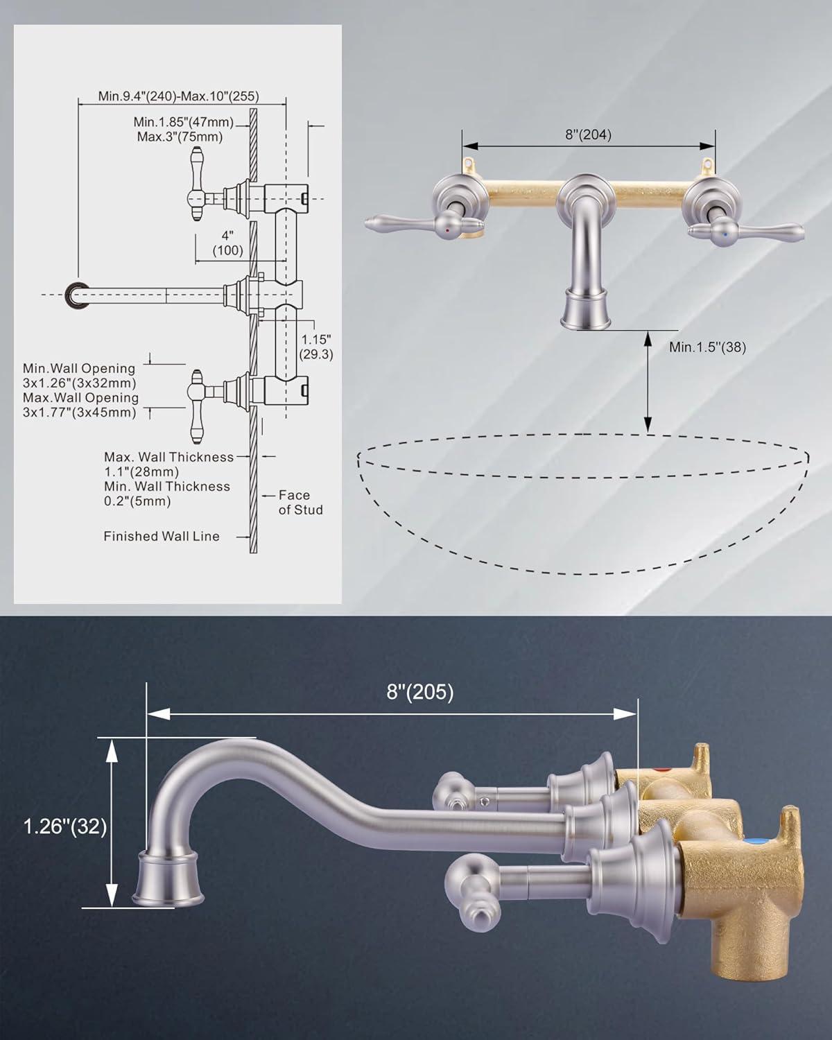 Brushed Nickel Dual Handle Wall Mount Bathroom Faucet