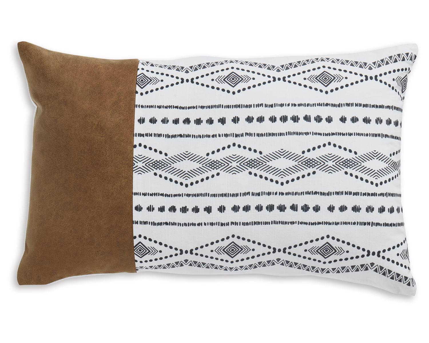 Lanston Rectangular Embroidered Faux Leather Pillow in Caramel White and Black