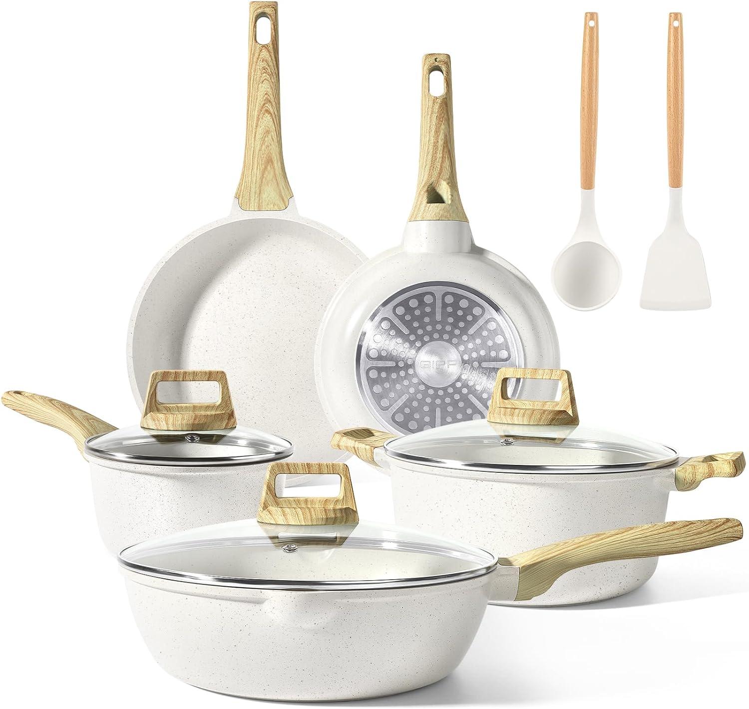 10-Piece White Granite Nonstick Cookware Set with Bakelite Handles