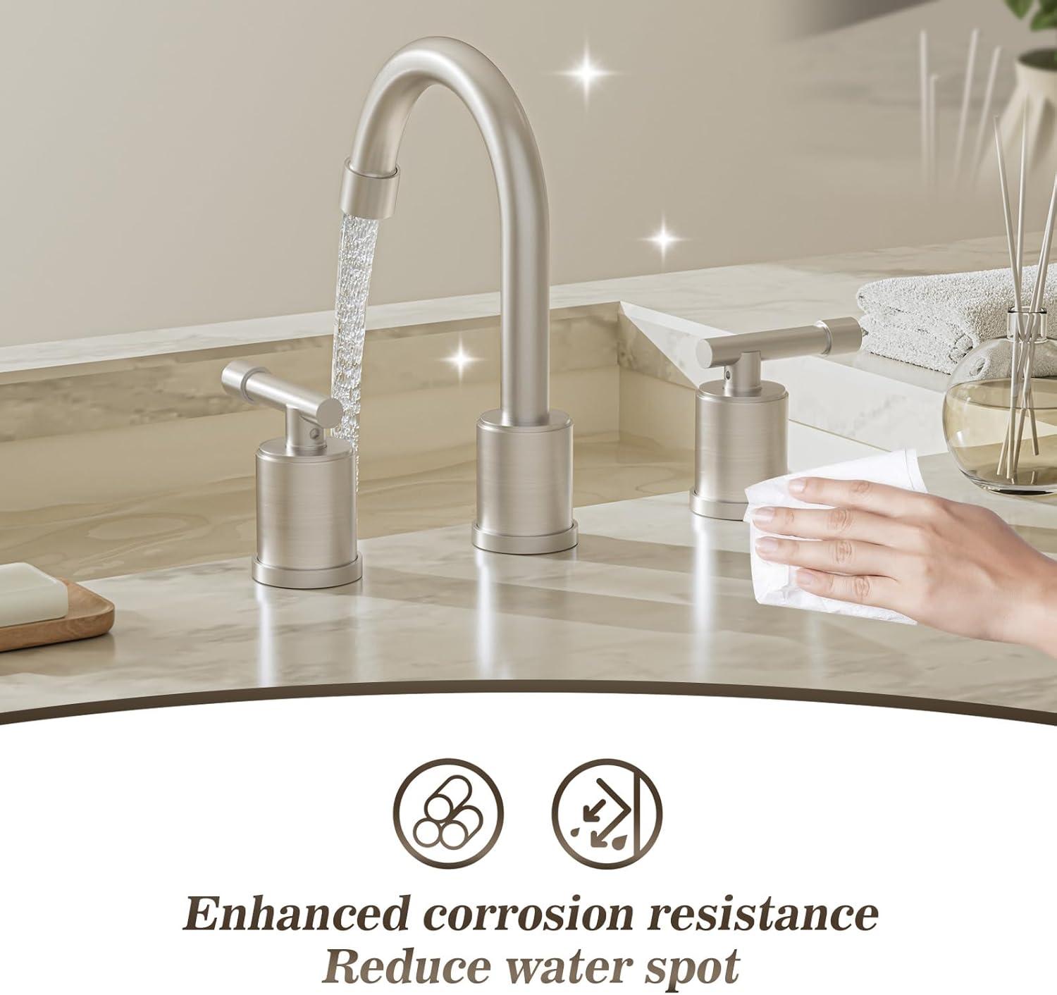 Phiestina 8 Inch Brushed Nickel Bathroom Faucet，3 Holes 2 Handles Widespread Stainless Steel Bathroom Sink Faucet with Metal Pop-Up Drain and Water Supply Lines,WFZY01-BN