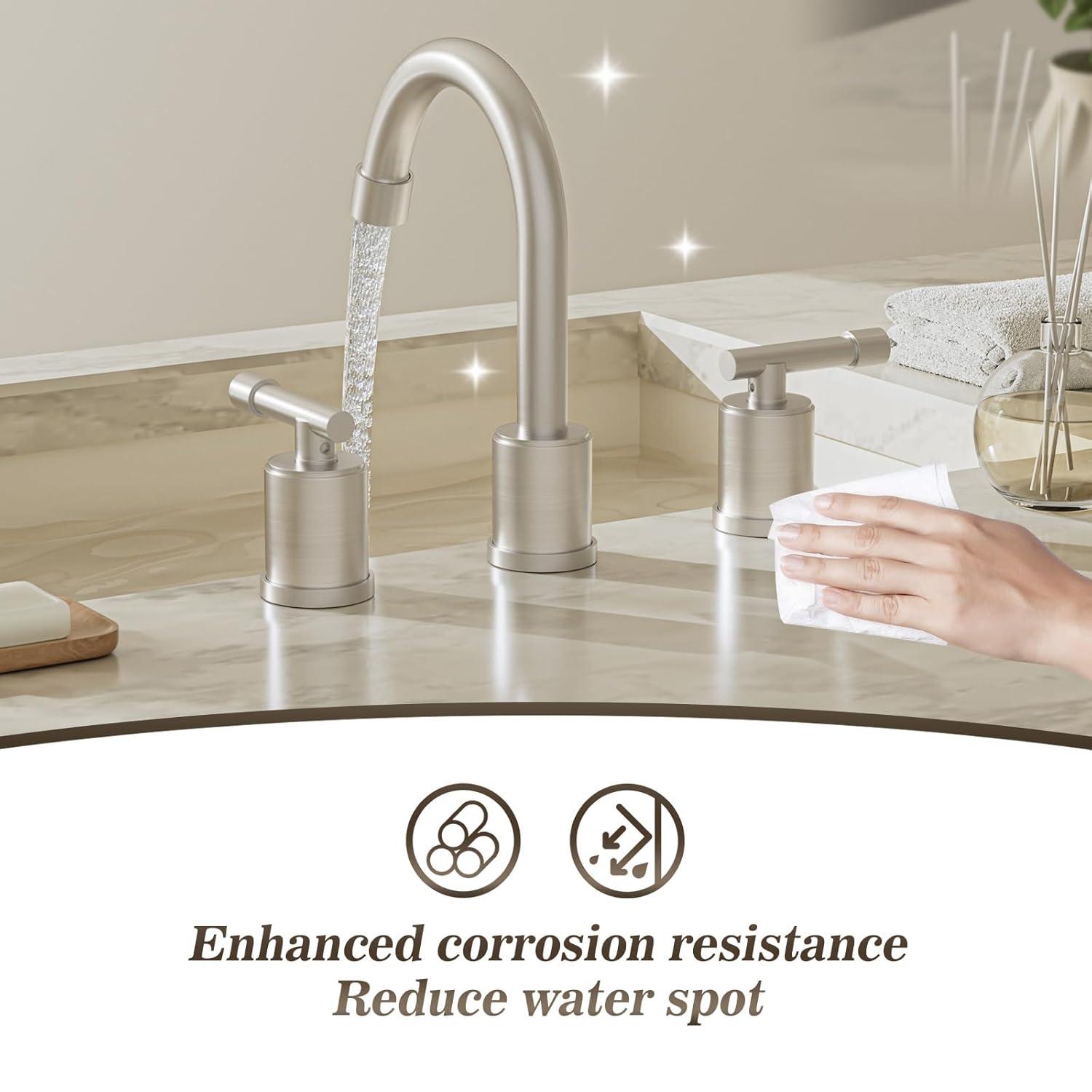 Phiestina 8 Inch Brushed Nickel Bathroom Faucet，3 Holes 2 Handles Widespread Stainless Steel Bathroom Sink Faucet with Metal Pop-Up Drain and Water Supply Lines,WFZY01-BN