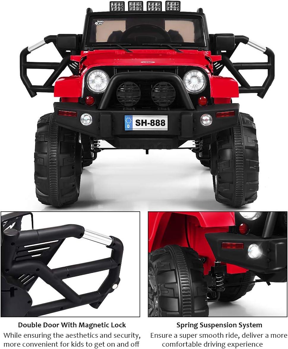 HONEY JOY Ride On Truck, 12V Battery Powered Vehicle Ride On Car with Remote Control, Spring Suspension, Headlights, Music, Mesh Windshield, Electric Cars for Kids, Gift for Boys Girls 3+(Red)