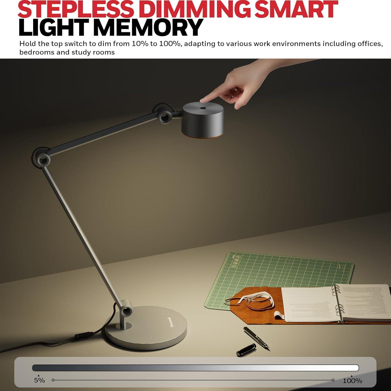 Honeywell HWT-01A Office LED Desk Lamp, 4000K Natural Light Dimmable Eye-Protection Table Lamps, Full Metal Touch Control Desk Light, Adjustable Swing Arm Table Light for Home Office Reading Bedroom