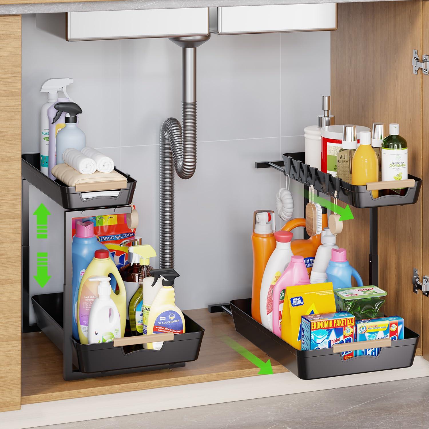 Rebrilliant Under Sink Organizer, 2 Tier Under Sink Organizers And Storage, Metal Slide Out Pull Out Cabinet Organizer ,2 Pack Sliding Drawer Organizer For Kitchen Bathroom Pantry