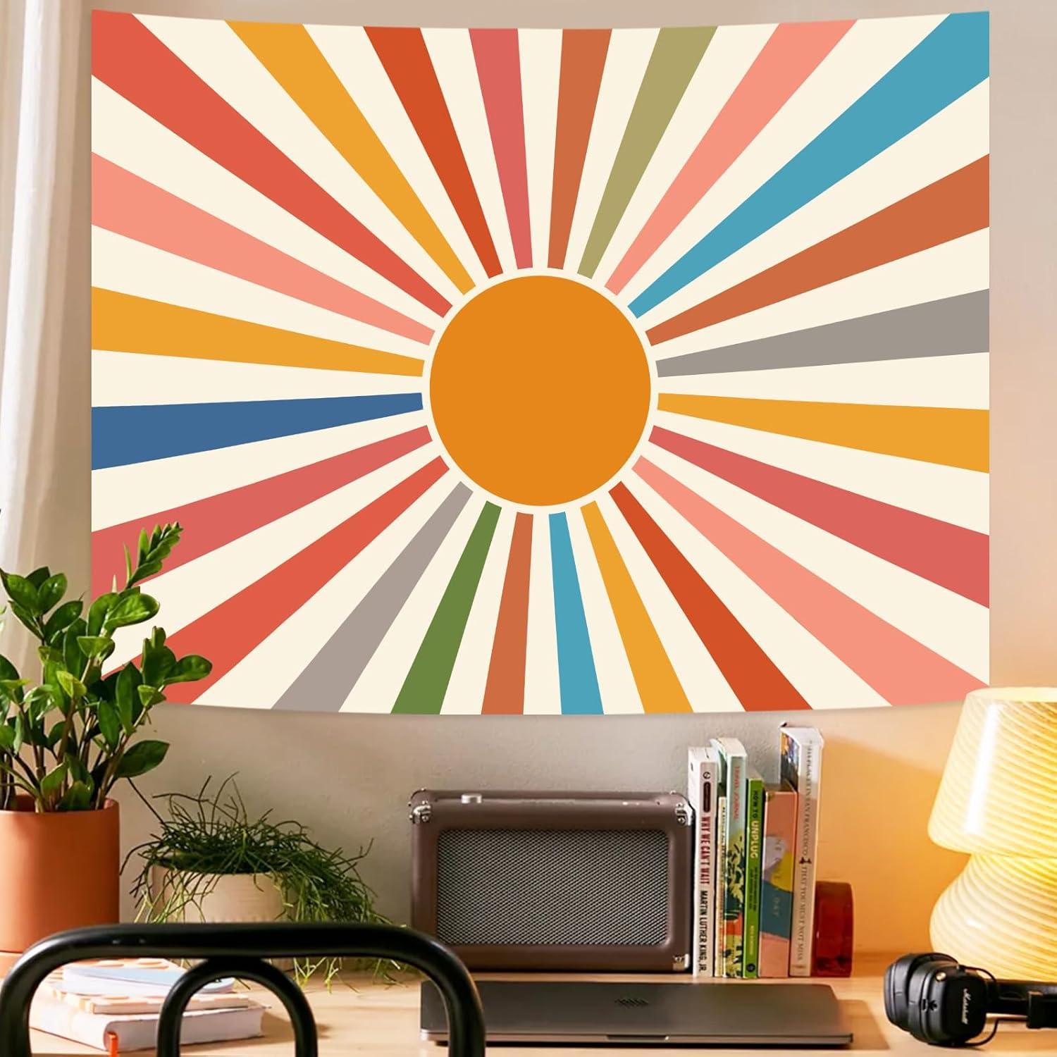 Vintage Sun Tapestry Bohemia Wall Hanging Retro 70s Rainbow Sunrise Sunset Geometric Grunge Abstract Art Print Hippie Decor for Dorm Nursery Bedroom