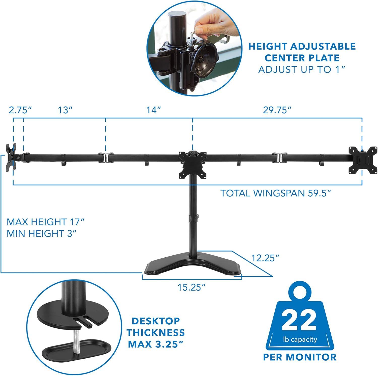 Black Metal Triple Monitor Desk Stand with Adjustable Arms