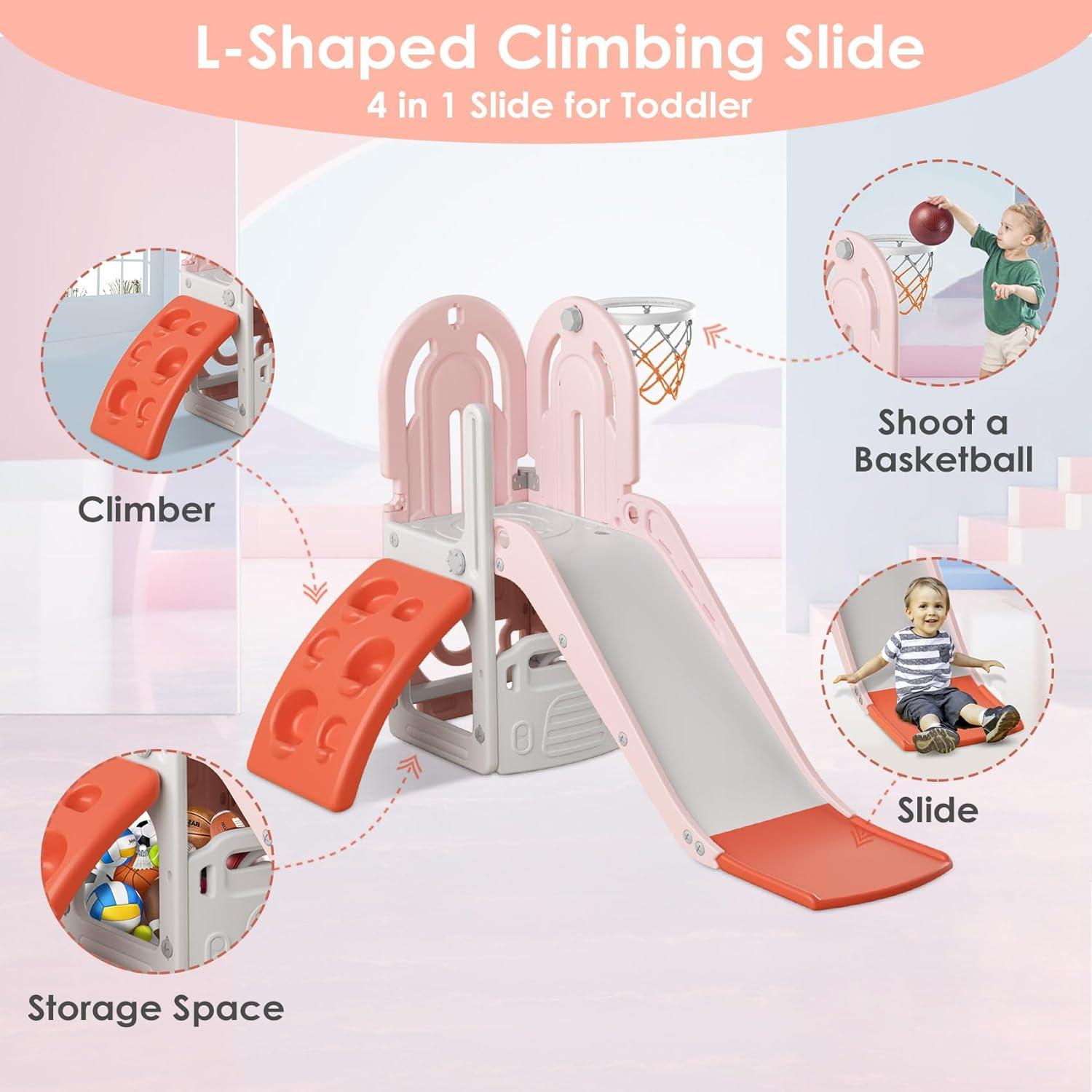 Pink and Orange 4-in-1 Toddler Slide with Basketball Hoop