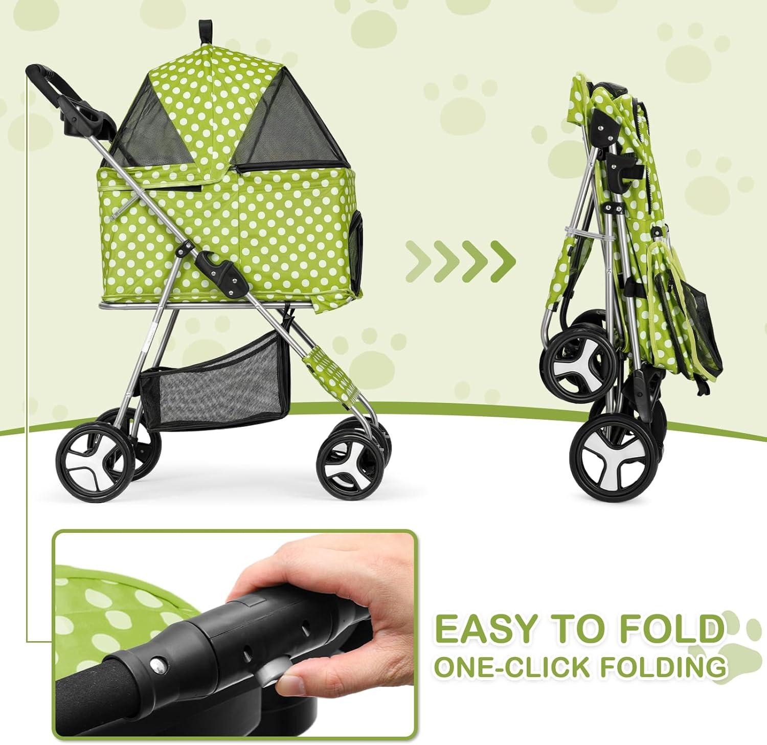 3-In-1 Pet Stroller Foldable Pet Stroller With Weather Cover Storage Basket For Dog Cat