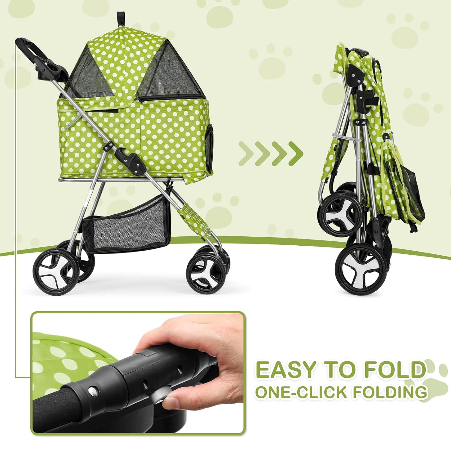 3-In-1 Pet Stroller Foldable Pet Stroller With Weather Cover Storage Basket For Dog Cat