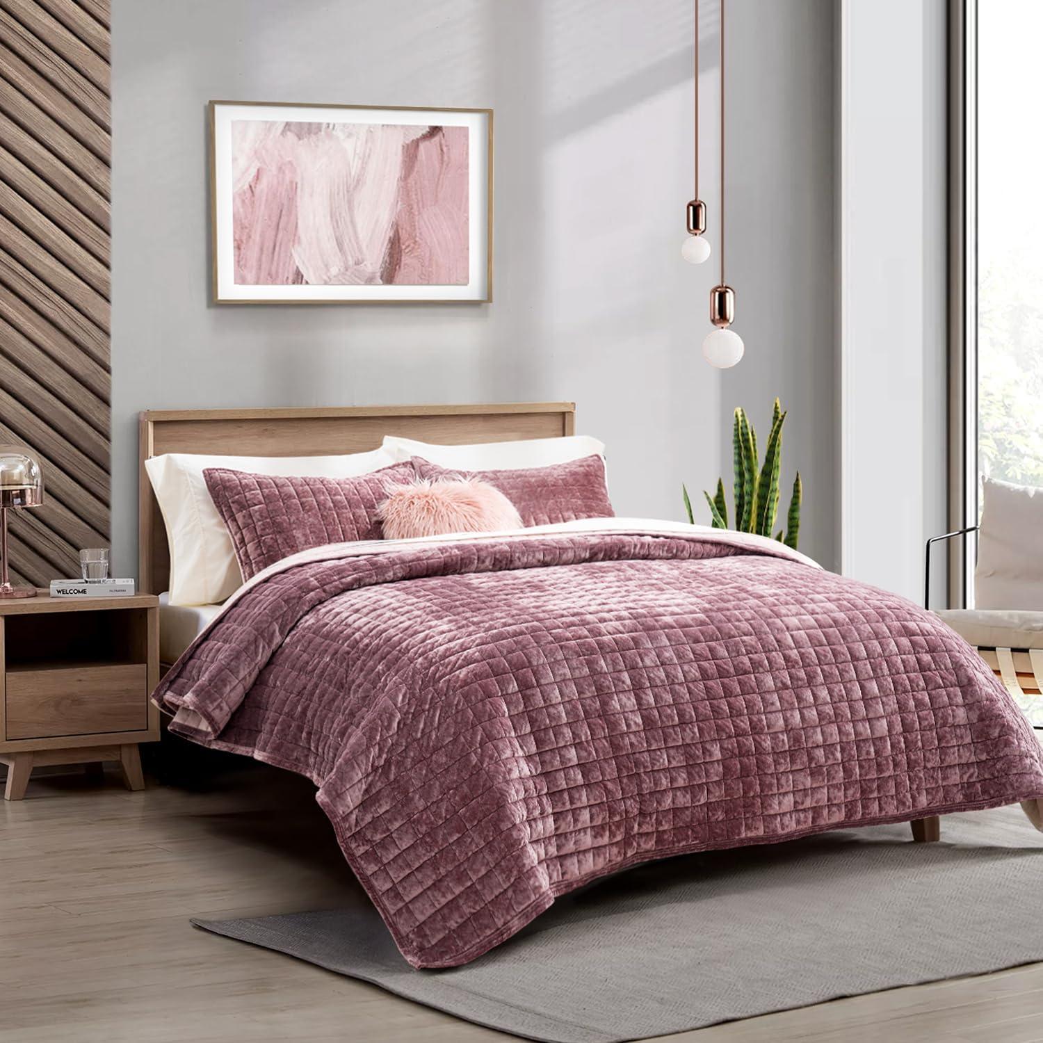 Everly Quinn Deluxe Velvet Comforter King Size, Super Soft Bedding Set, Lightweight Quilted Comforter Set, Slotted Oversized Sheets, 2 Pillowcases, Comforter, Blanket, Duvet Cover