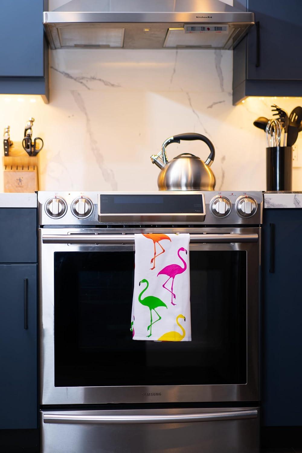 Oldehall Multicolor Variety Pack of Four - Vibrant and Colorful Flamingo Kitchen Towels/Flamingo Tea Towels for Daily Use & Home Decoration Original, Blue, Yellow & Red Designs C42