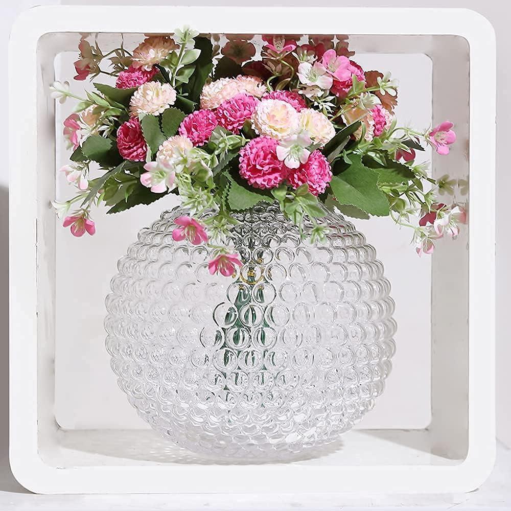 Hand-Blown Clear Glass Round Vase with Textured Design