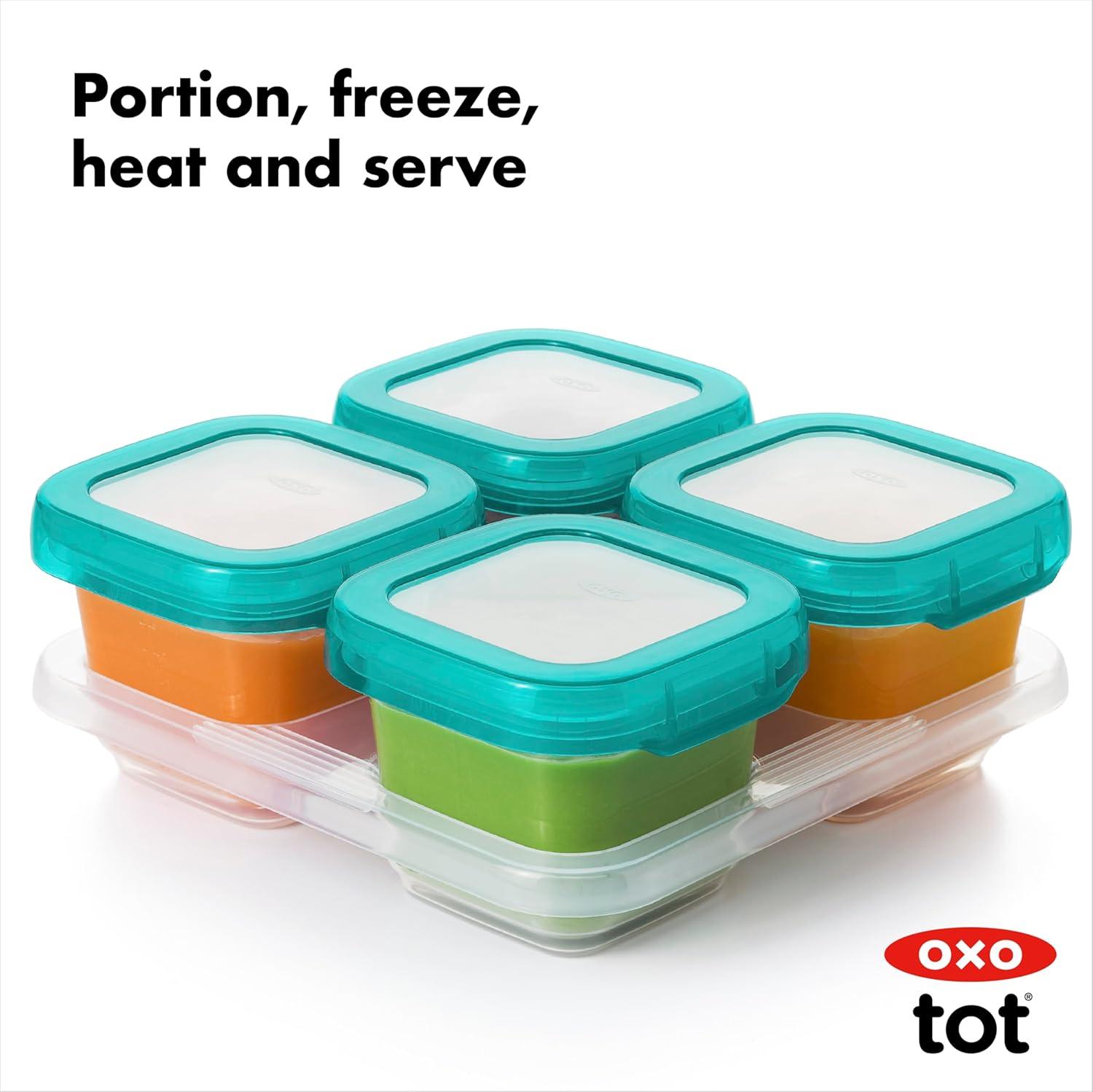 OXO Tot Baby Blocks Food Storage Containers, 6 oz, Teal, 4-pack, for Infants Ages 0-12 Months