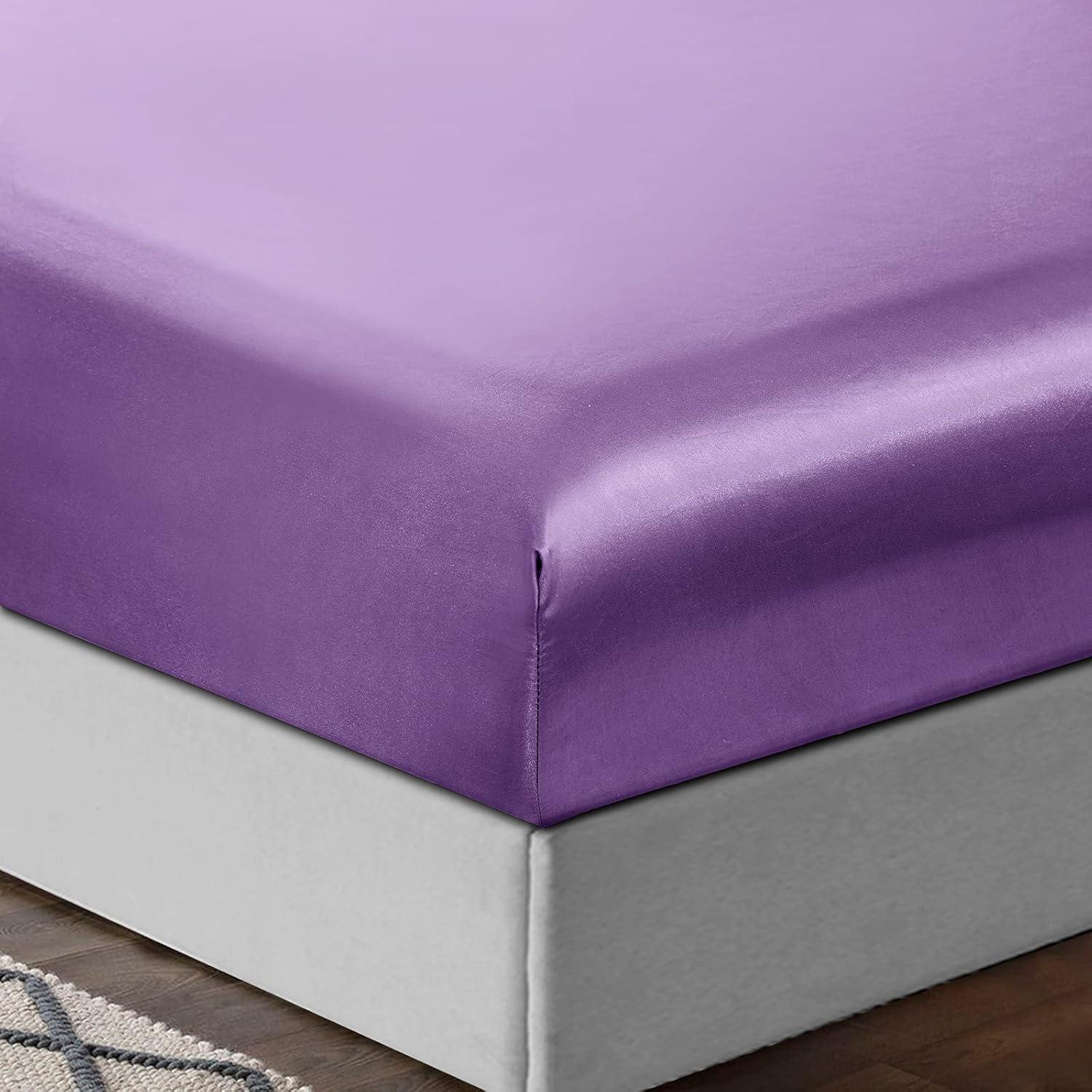 Hight Thread Count Solid Color Soft Silky Charmeuse Satin Luxury and Super Soft Bed Sheet Set (Purple, Queen)