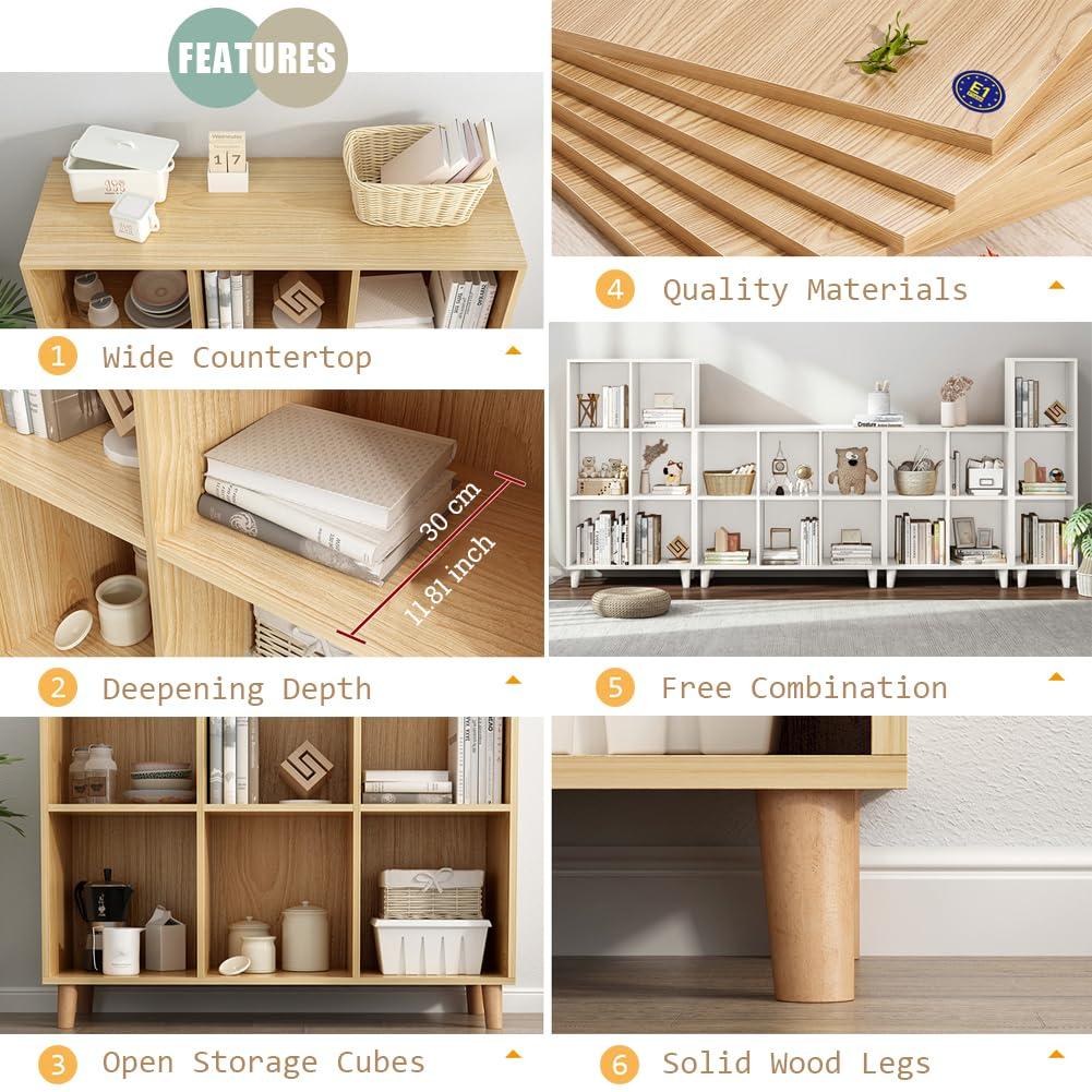 IOTXY Open Cube Low Bookcase - 2-Tier Freestanding Storage Display Cabinet Organizer with Legs for Home Office, 6-Cubes Open Shelf Short Bookshelf, White