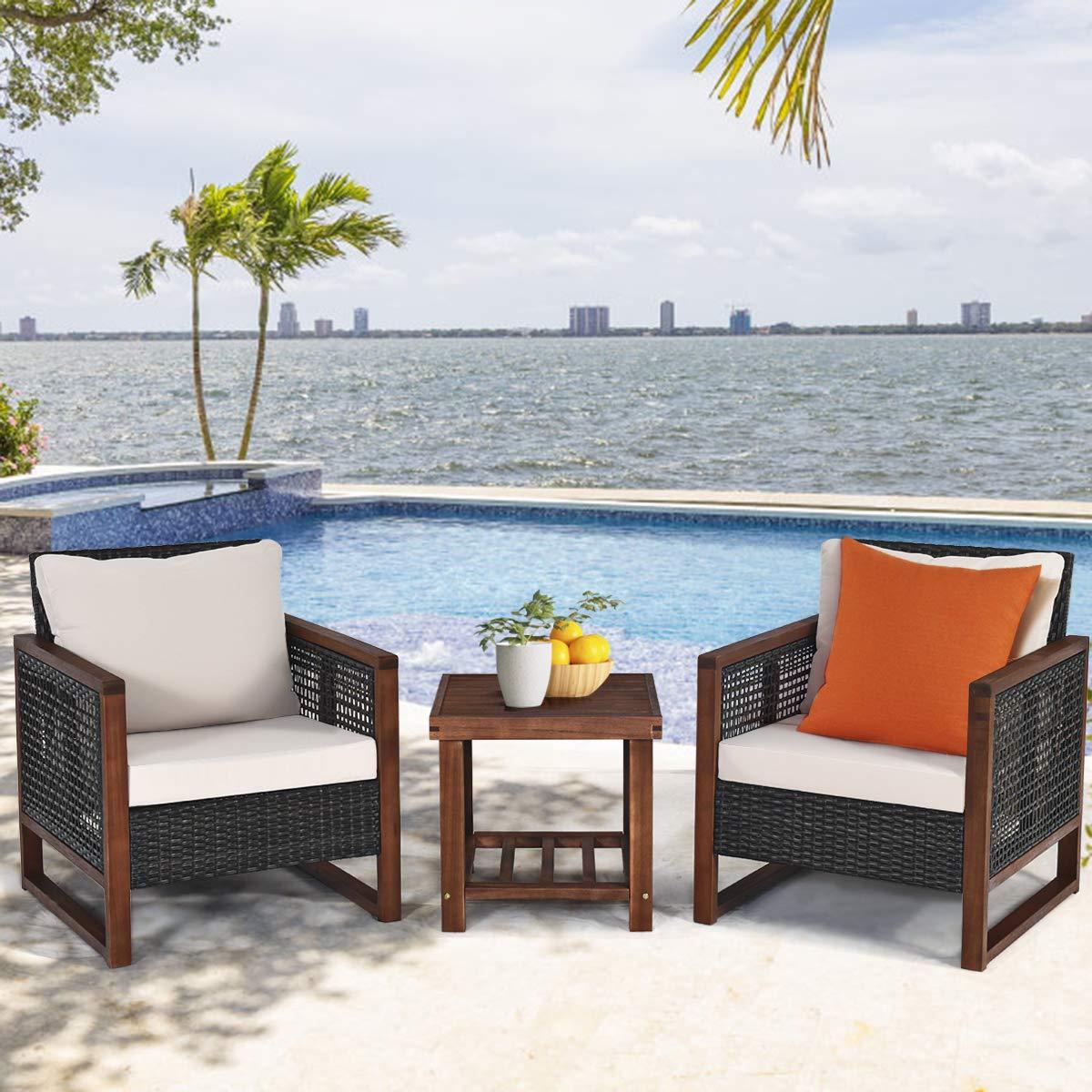 Tangkula 3-Piece Patio Rattan Wicker Bistro Set Acacia Wood Frame Sofa and Side Table