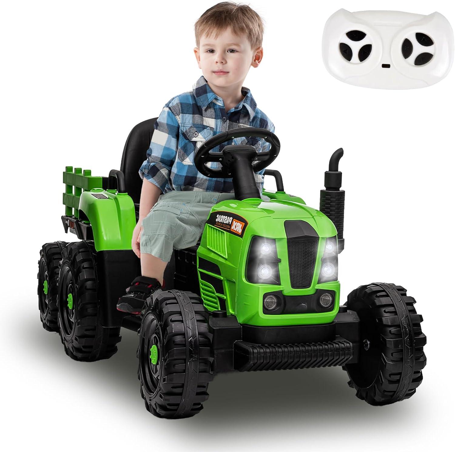 LoLado 12V Ride on Tractor with Trailer Battery Powered Electric Toy w/Remote Control for Kids,3 Speed Adjustable, USB, MP3 ,Bluetooth, LED light, Two-point Safety Selt, Green