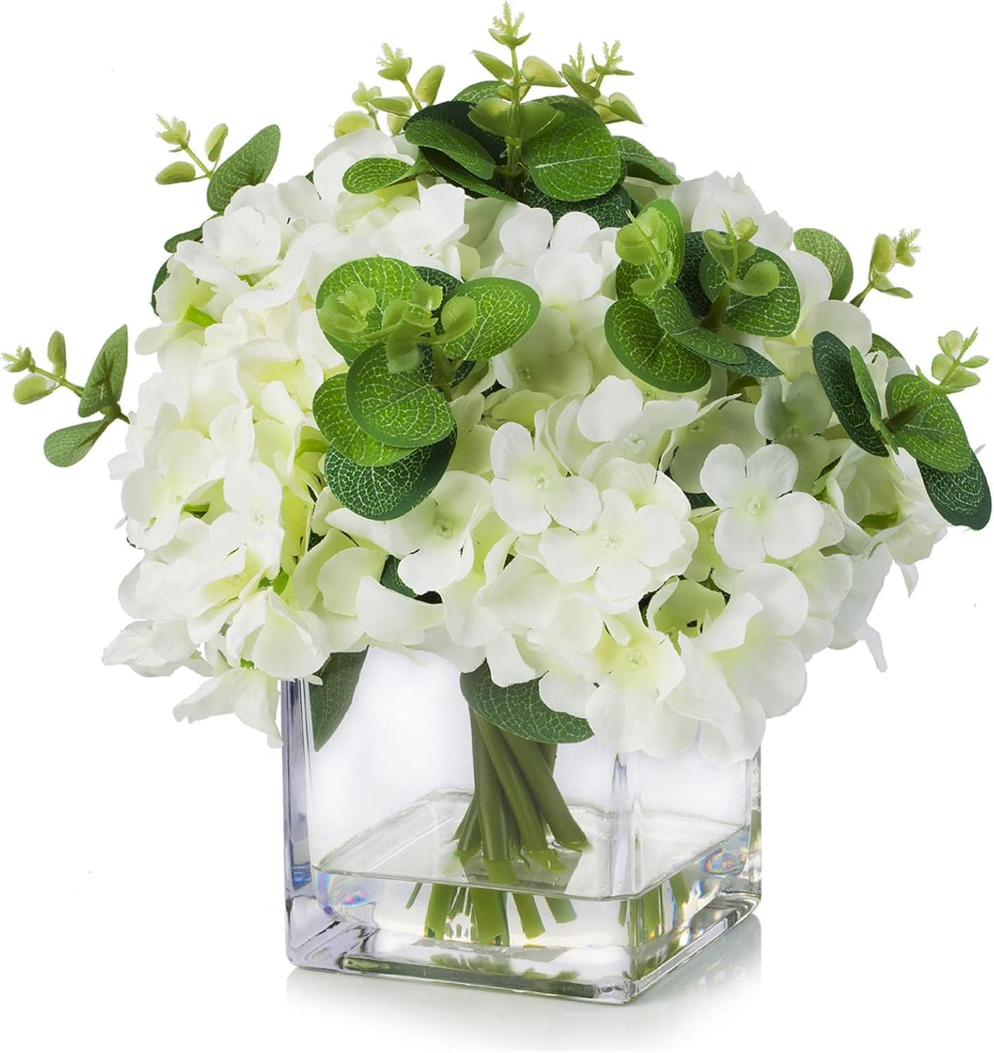 ENOVA FLORAL Faux Hydrangea Flowers with Vase, Mixed Fake Hydrangea Flowers and Greenery in Vase with Faux Water for Dining Table Decoration, Wedding Centerpieces