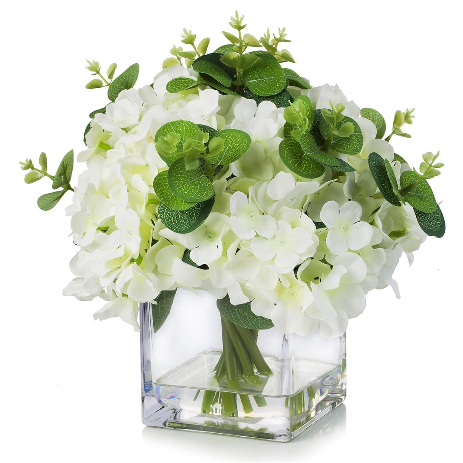 ENOVA FLORAL Faux Hydrangea Flowers with Vase, Mixed Fake Hydrangea Flowers and Greenery in Vase with Faux Water for Dining Table Decoration, Wedding Centerpieces