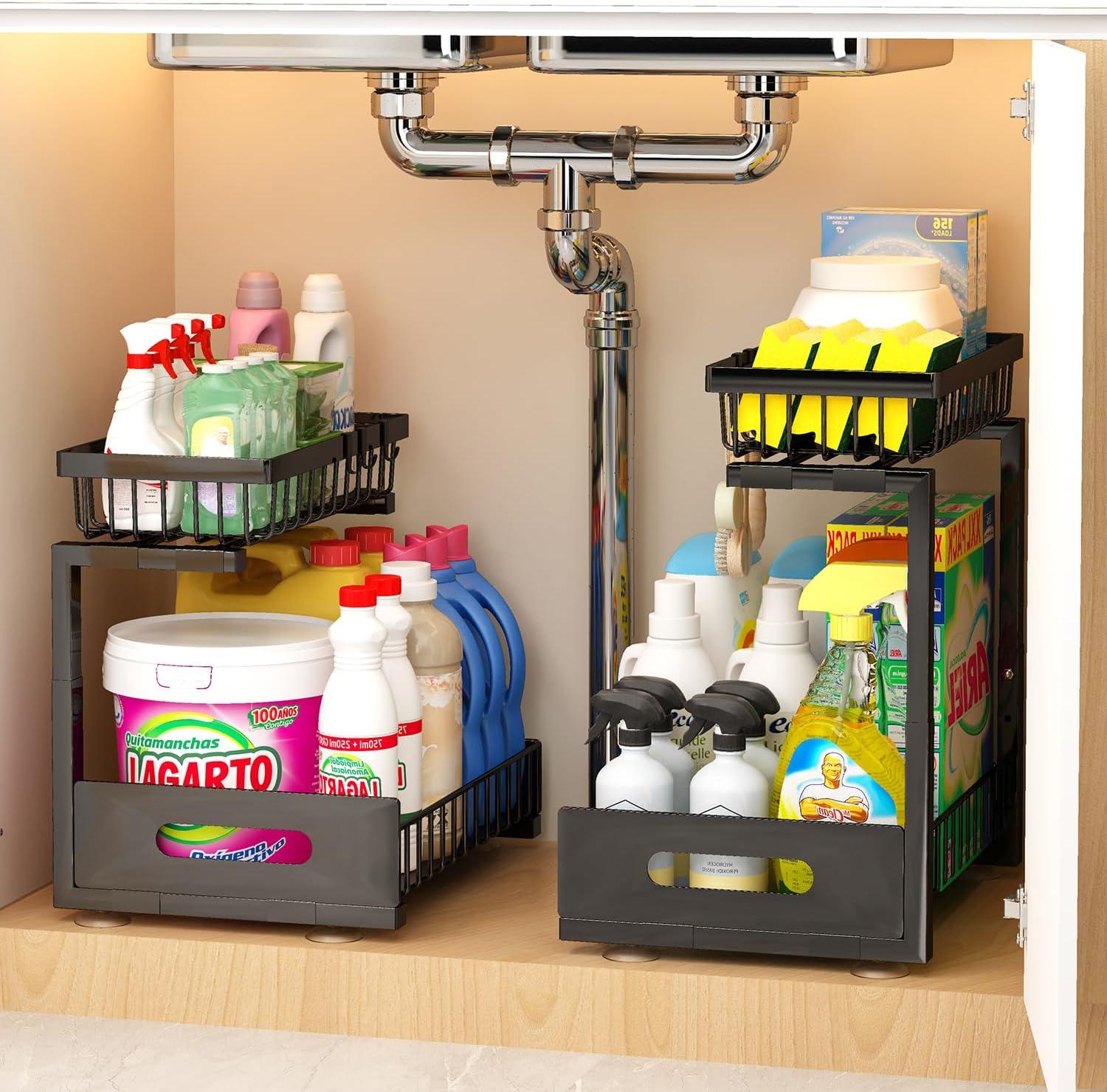 Under Sink Organizers and Storage, 2 Pack Pull Out Kitchen Bathroom Cabinet Organizer, 2 Tier Black Under Sink Storage for Bathroom Kitchen, Under Counter Storage Organizer with 8 Hooks