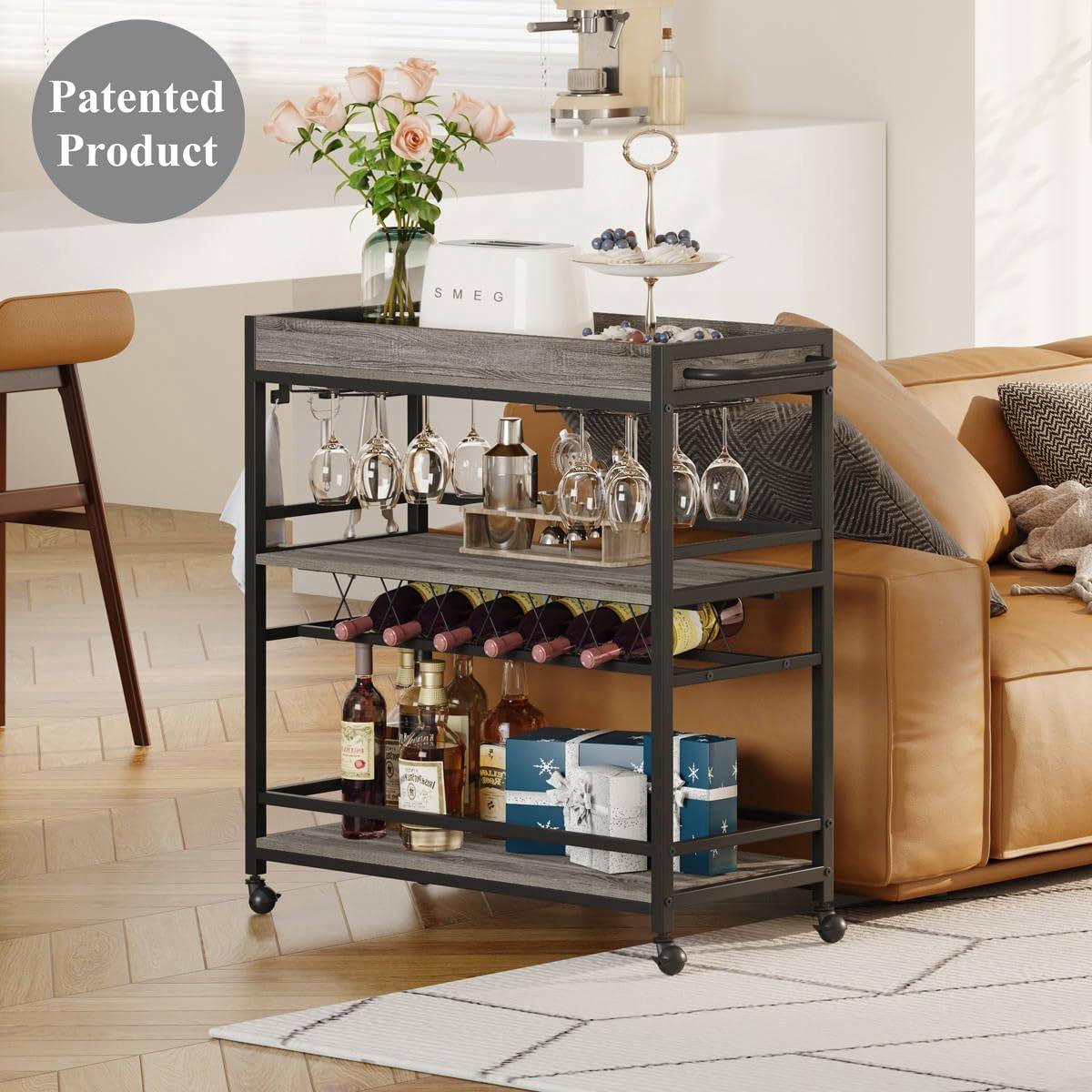 Gray Oak 3-Tier Bar Cart with Wine Rack and Glass Holder