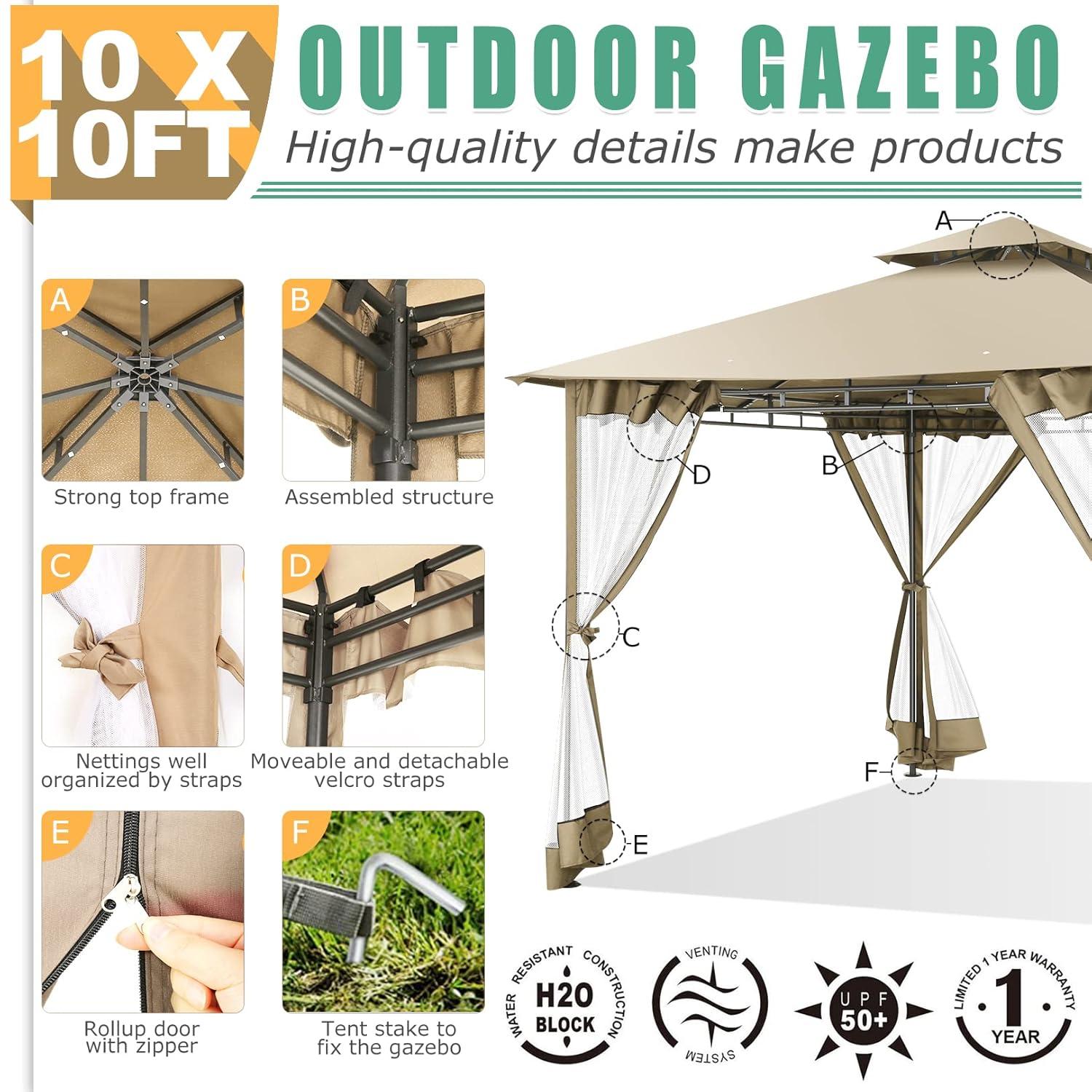 HOTEEL 10x20 Gazebo on Clearance, Outdoor Gazebo Tent with Mosquito Netting and Ventilated Double Flat Roof, Easy Set up Canopy Tent with Stable Metal Frame for Patio, Khaki (Upgraded 2.0)