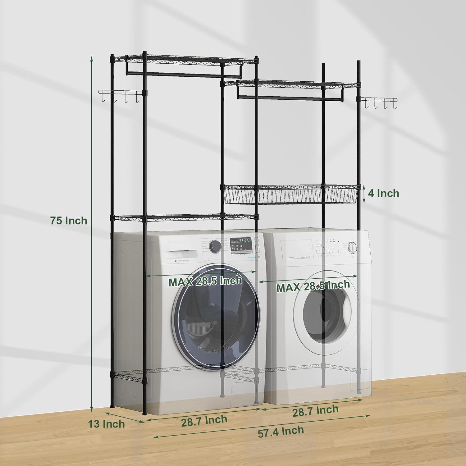 Kselythan Over Washer and Dryer Shelves,57.4" W Heavy Duty Laundry Room Storage Organization Clothes Drying Rack,Height Adjustable Towel Racks with Hamper and Hooks,Space Saving Shelf