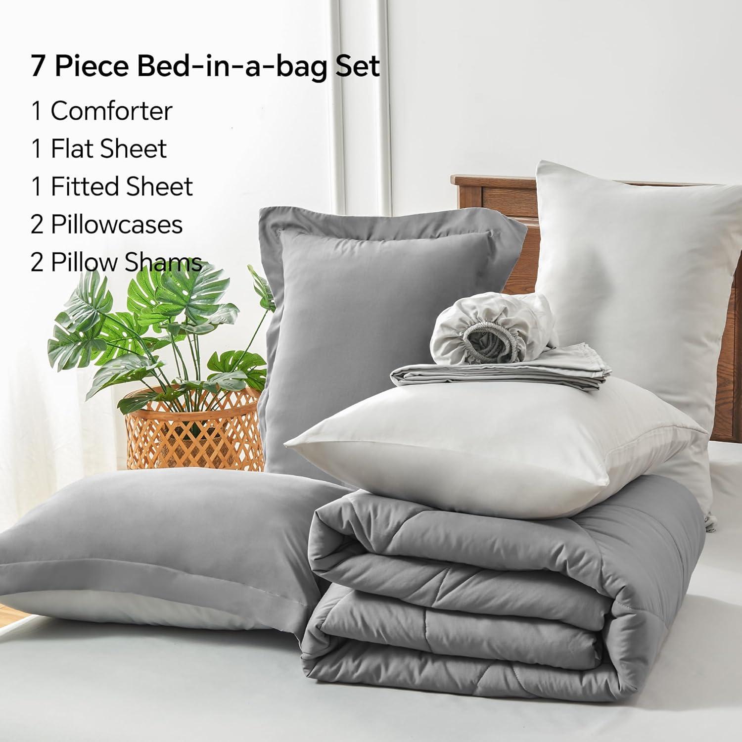 Queen Comforter Set - 7 Pieces Bed in a Bag Set Dark Grey, Bedding Sets Queen with All Season Quilted Comforter, Flat Sheet, Fitted Sheet, Pillowcases, Dark Gray, Queen