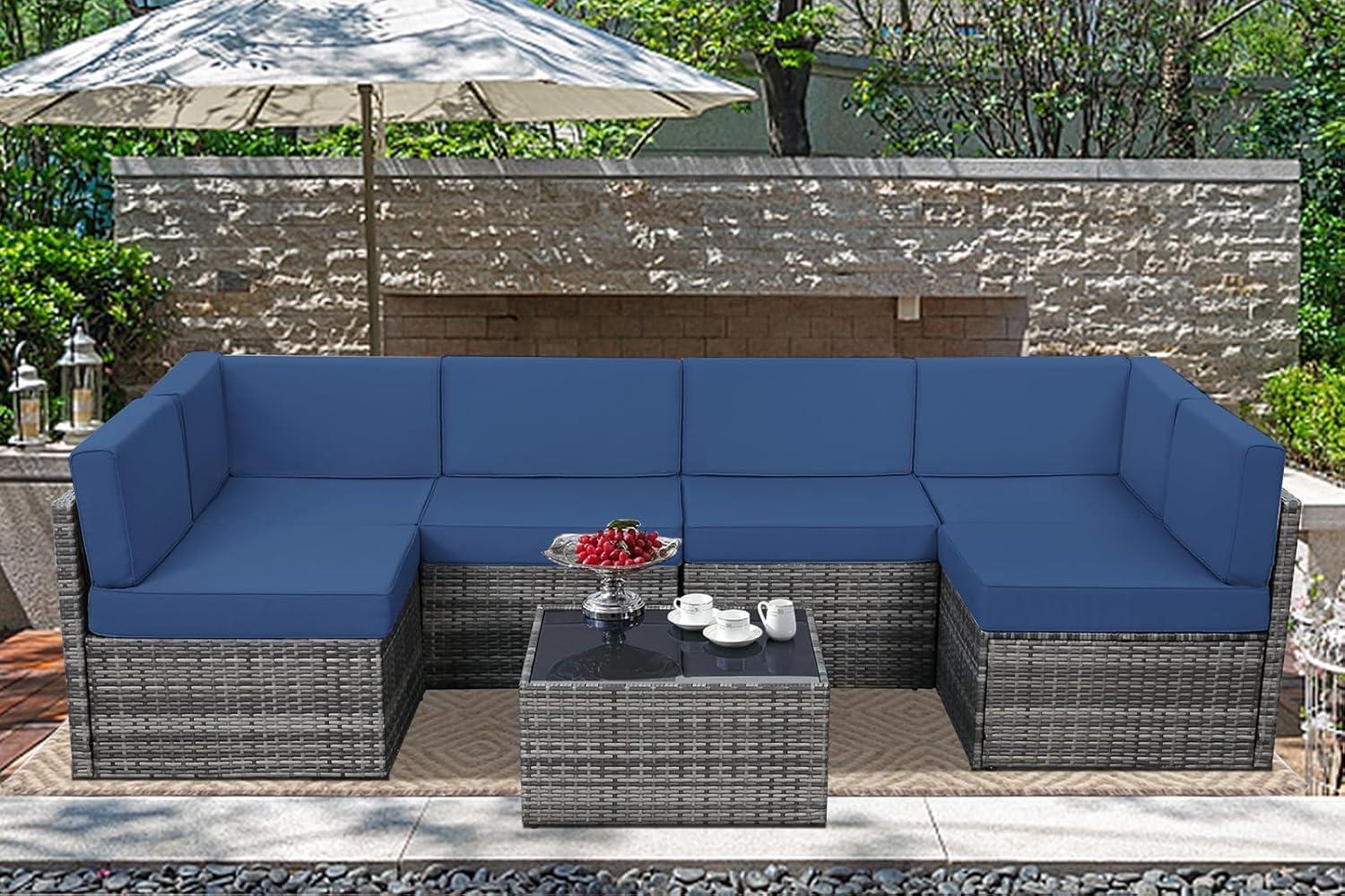 U-MAX 7 Piece Outdoor Patio Furniture Set, PE Rattan Outdoor Wicker Sectional Furniture Chair Set with Cushions and Tea Table, Grey Rattan and Navy Cushion