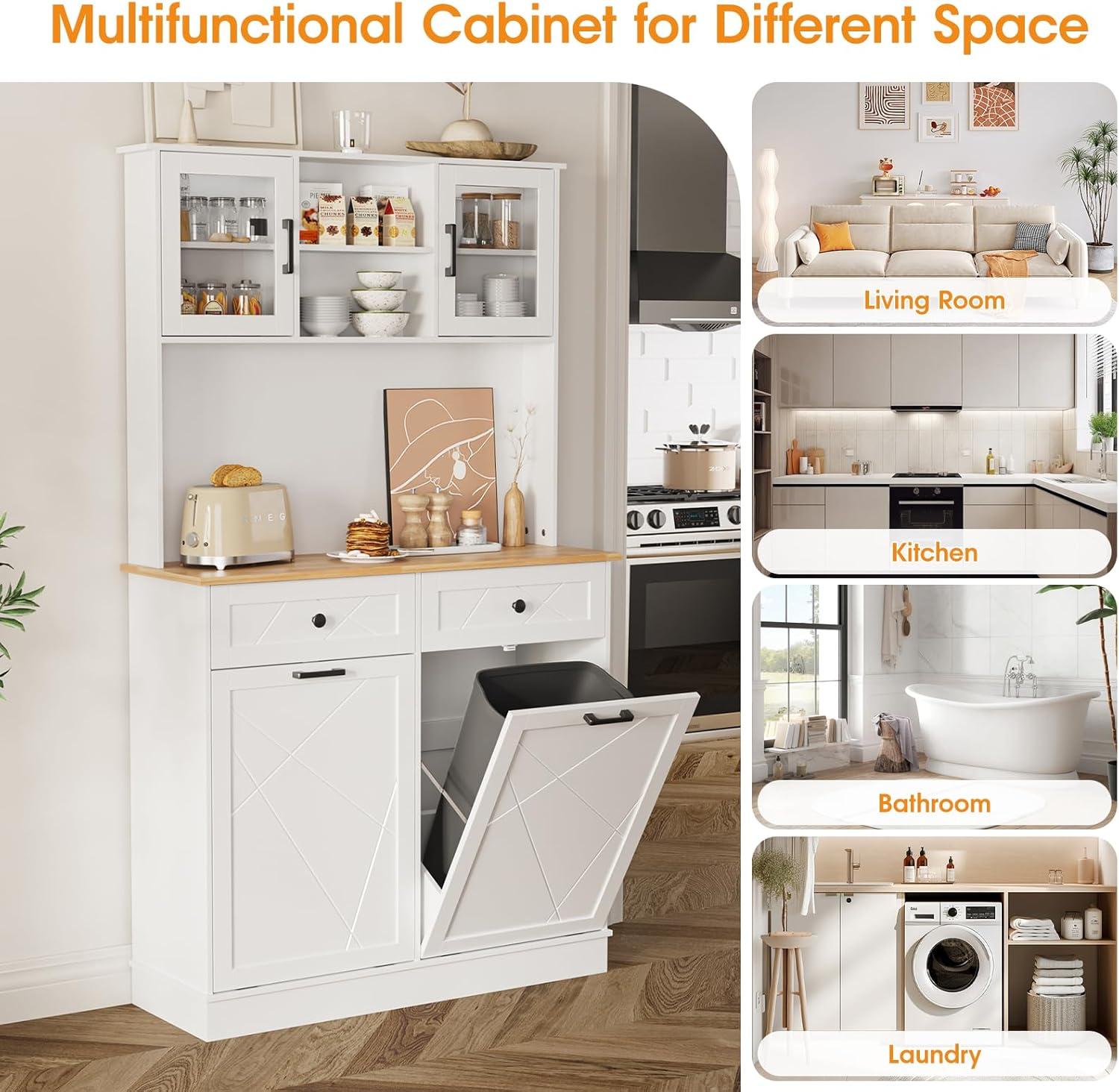 Vabches Kitchen Dual Tilt Out Trash Cabinet , Wood 10 Gal Garbage Cans Holder Drawers, White (Without Trash Bin)